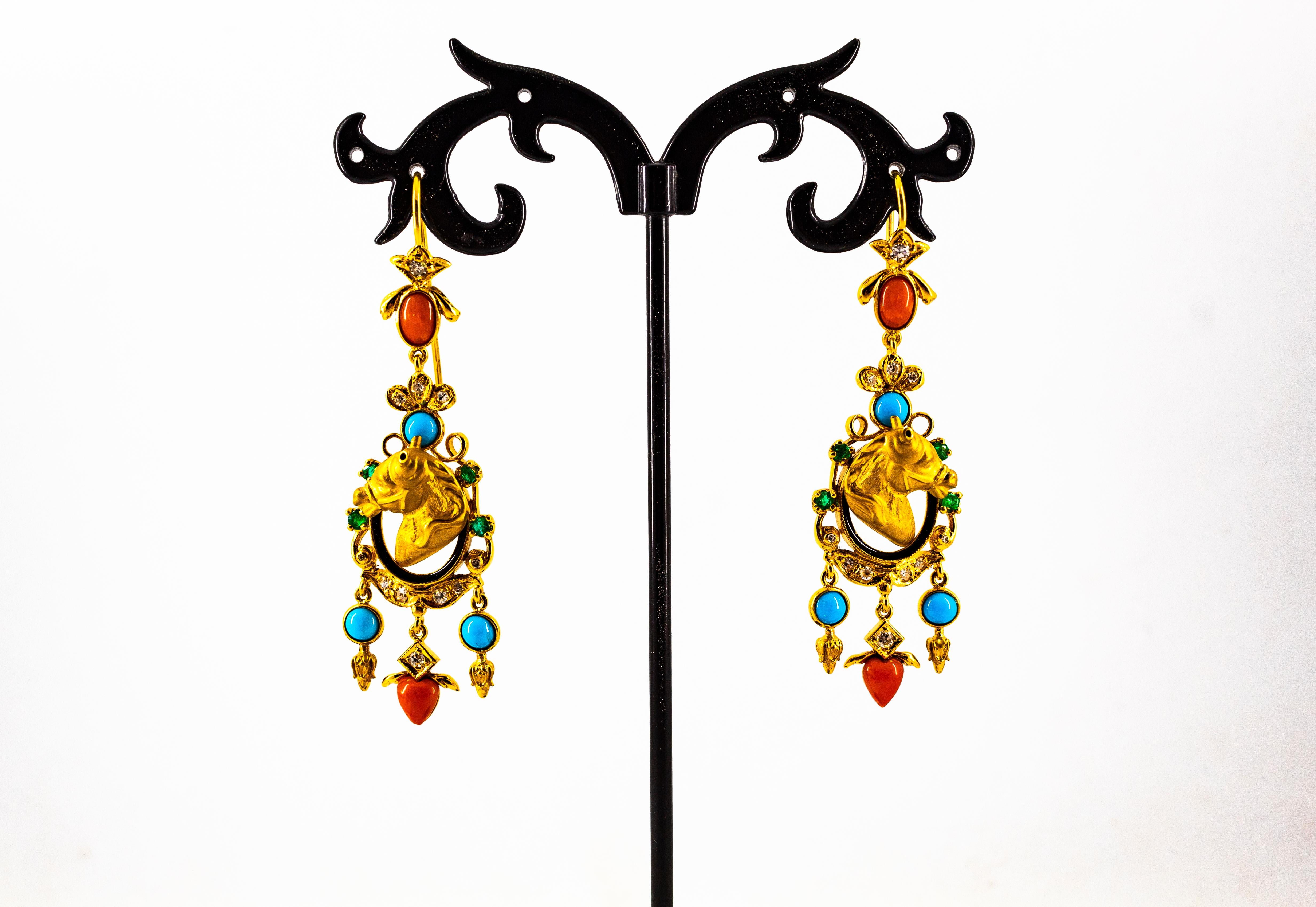 0.70 Carat White Diamond Emerald Coral Turquoise Yellow Gold Horse Drop Earrings 2