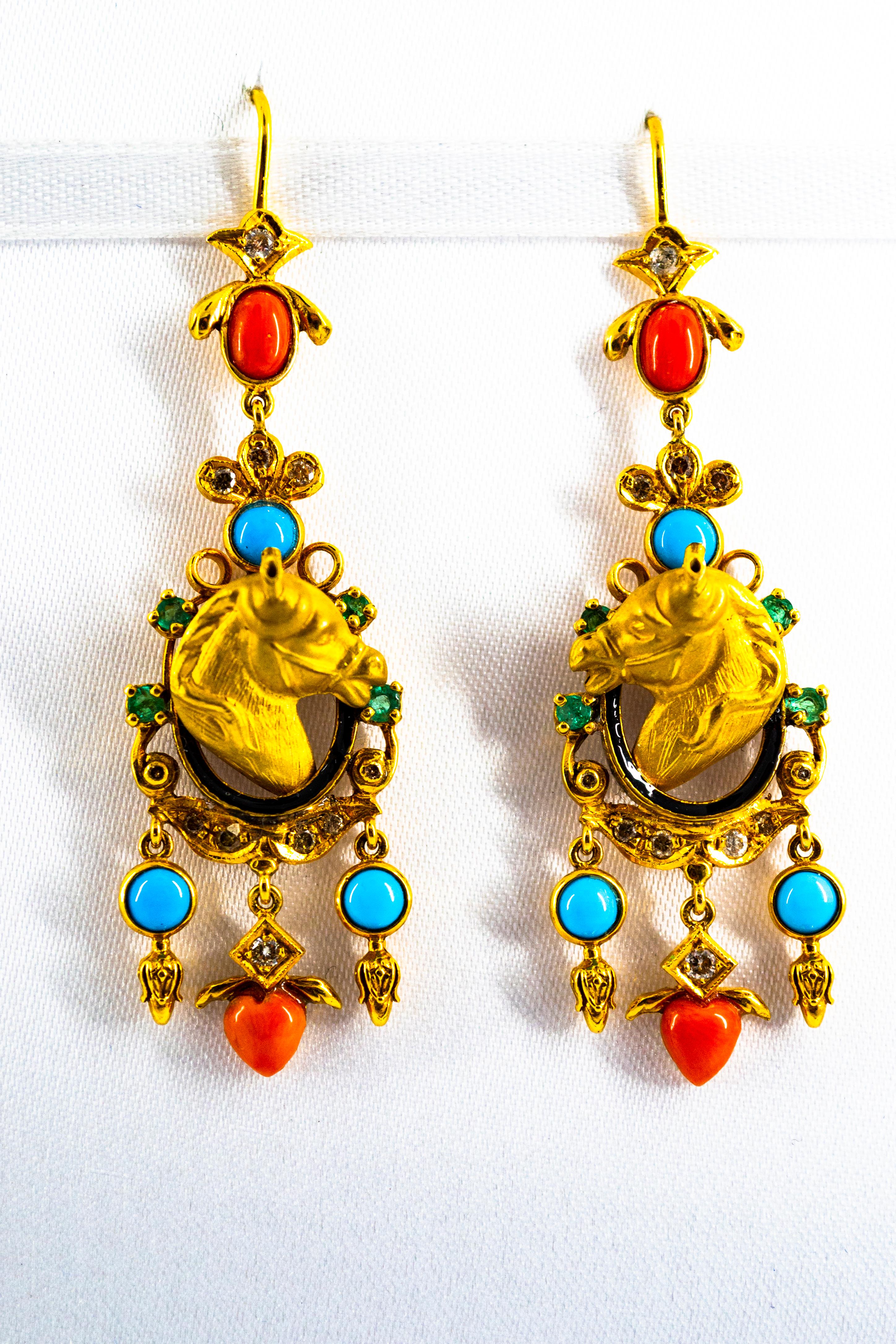 0.70 Carat White Diamond Emerald Coral Turquoise Yellow Gold Horse Drop Earrings 3