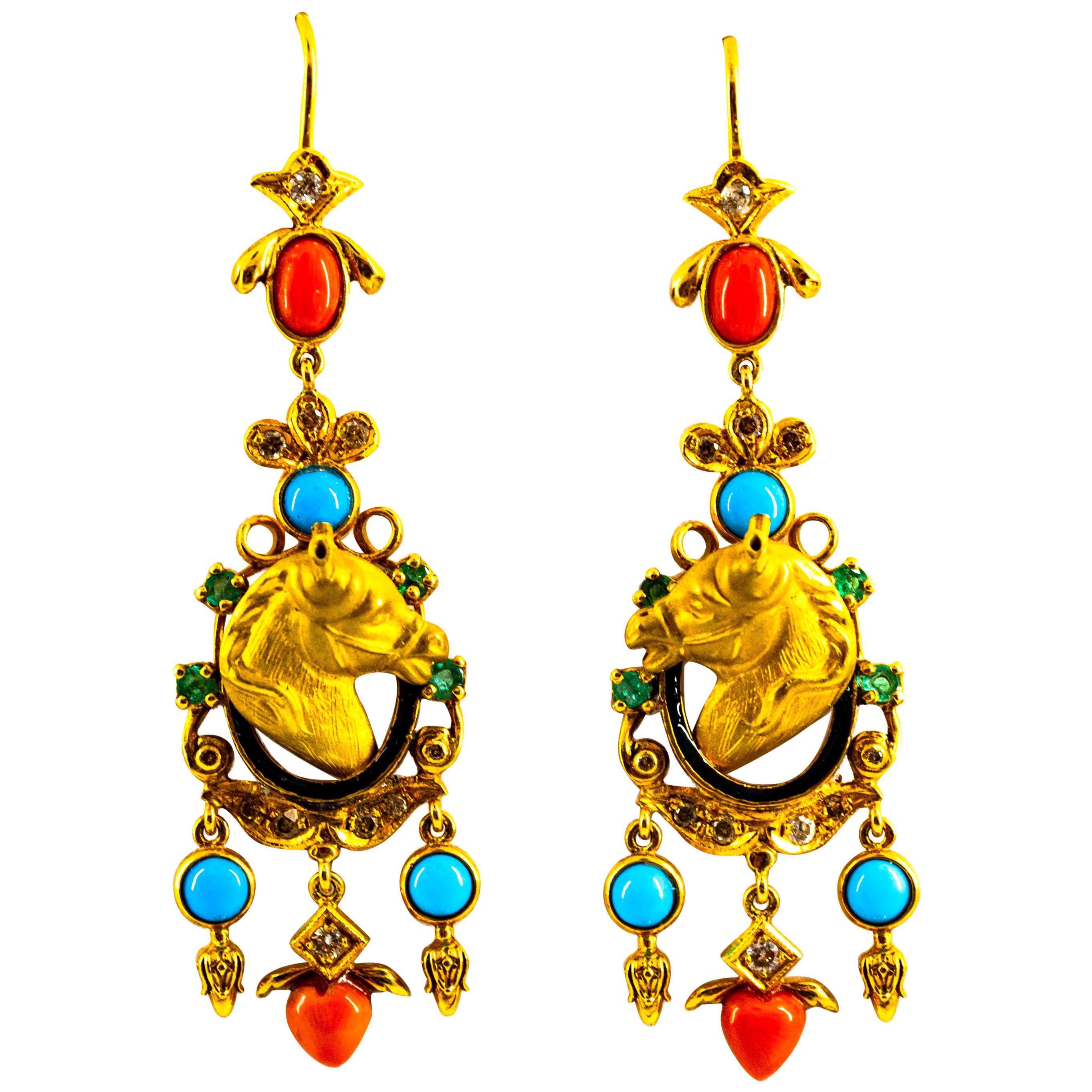 0.70 Carat White Diamond Emerald Coral Turquoise Yellow Gold Horse Drop Earrings