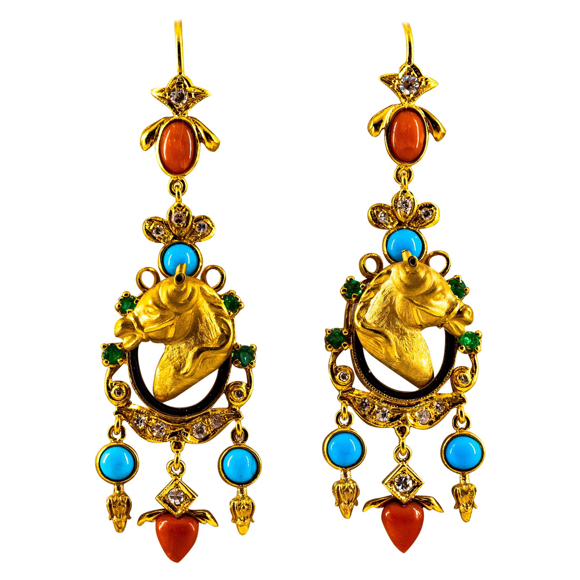 0.70 Carat White Diamond Emerald Coral Turquoise Yellow Gold Horse Drop Earrings