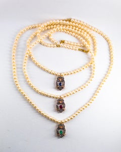 0.70 Carat White Diamond Emerald Pearl Yellow Gold Owl Pendant Beaded Necklace