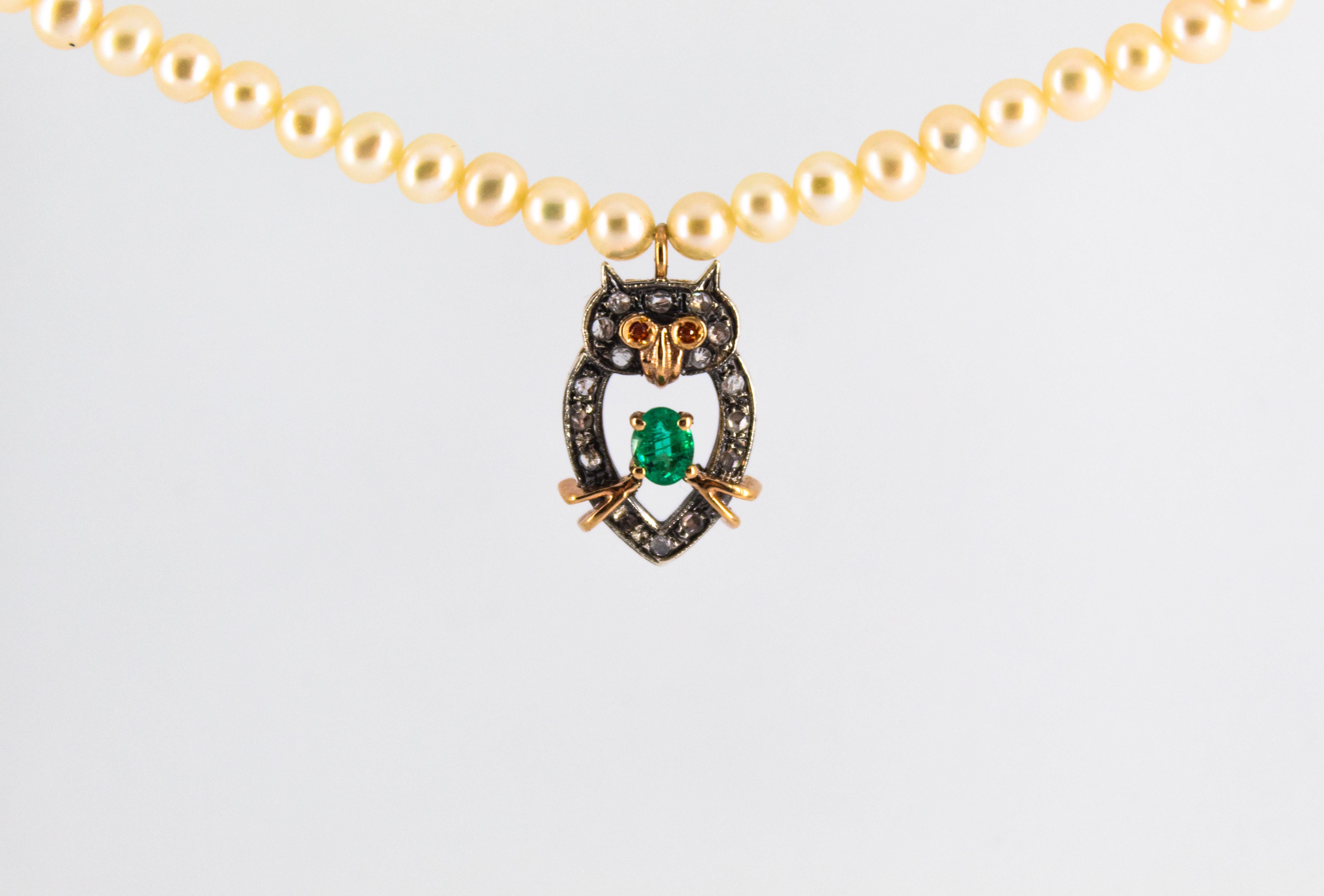 Renaissance 0.70 Carat White Diamond Emerald Pearl Yellow Gold Owl Pendant Beaded Necklace