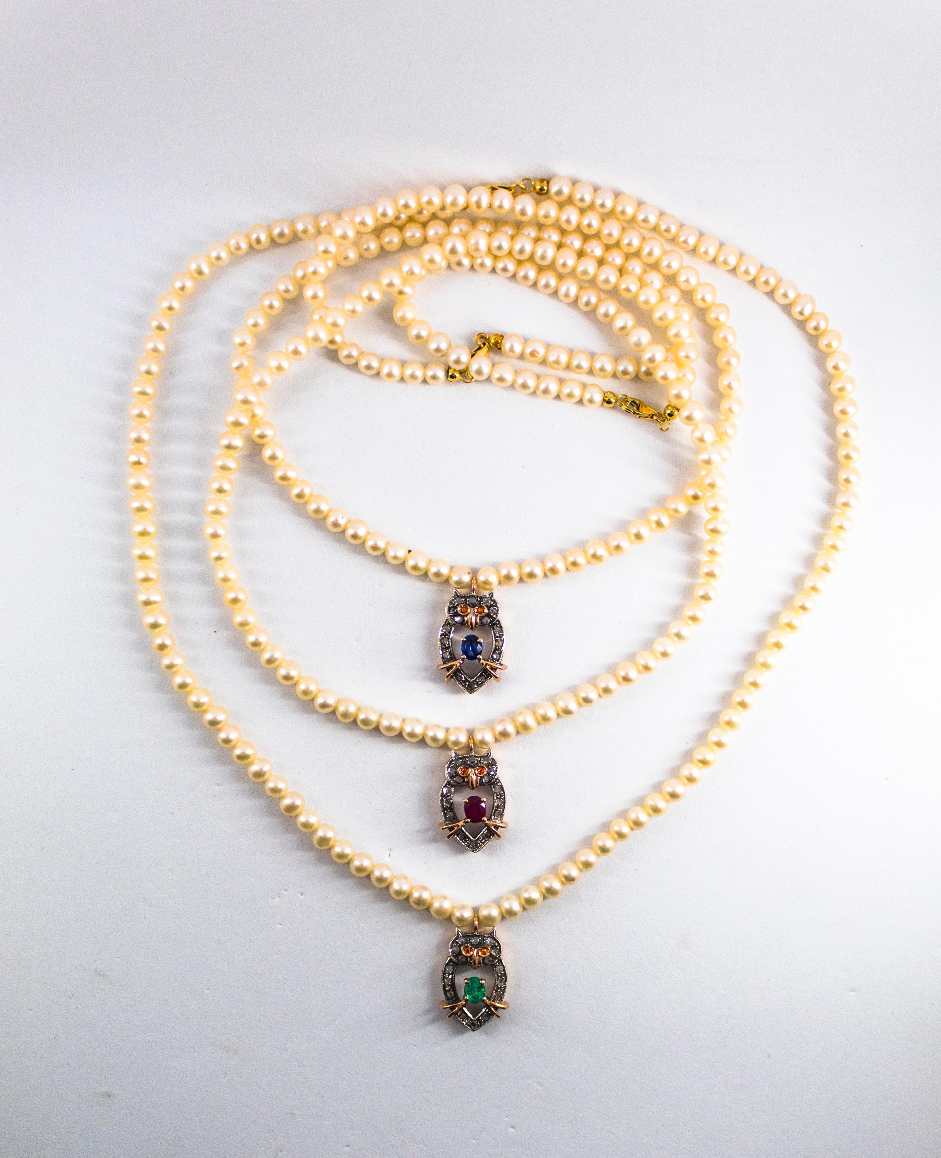 0.70 Carat White Diamond Emerald Pearl Yellow Gold Owl Pendant Beaded Necklace In New Condition In Naples, IT