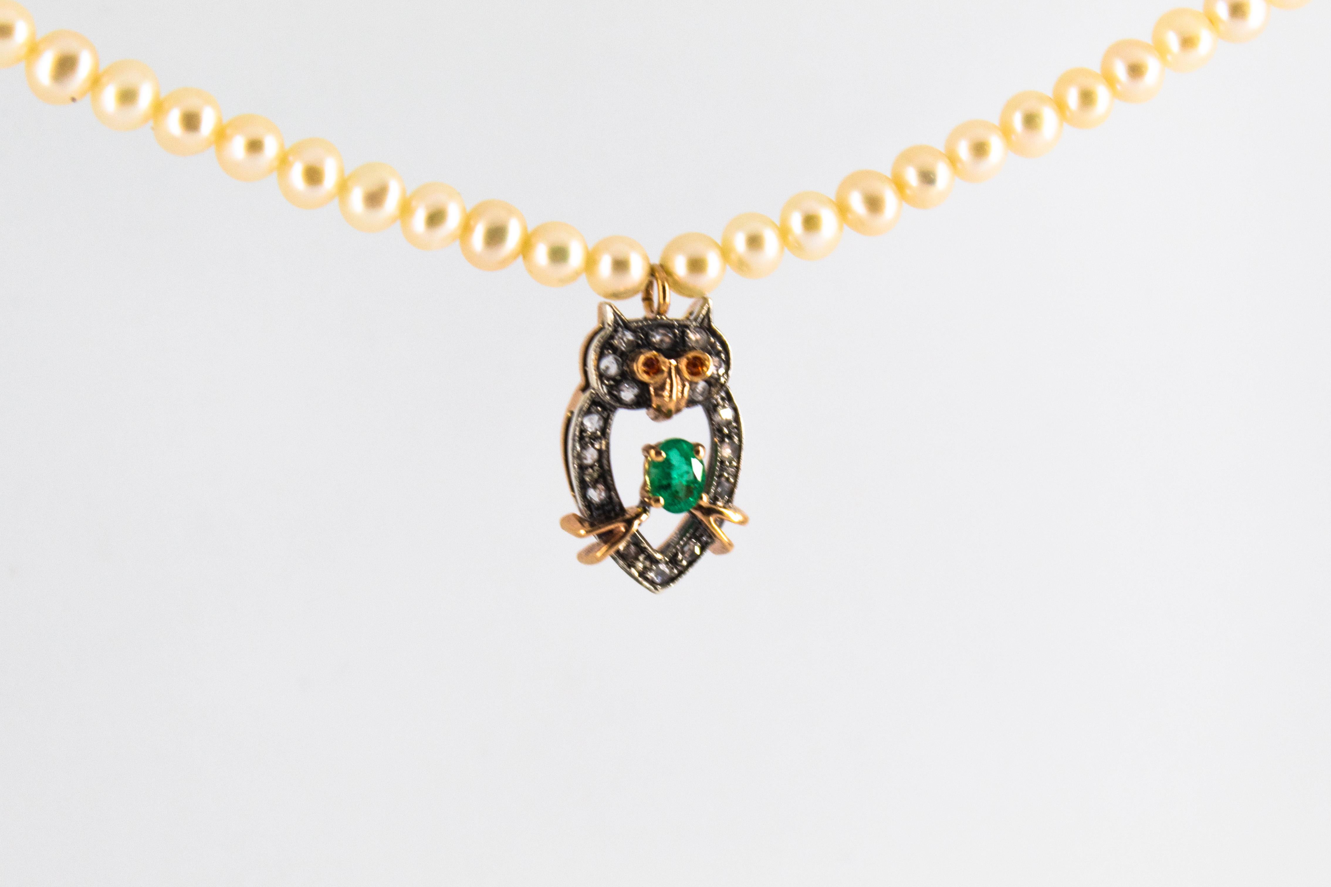 0.70 Carat White Diamond Emerald Pearl Yellow Gold Owl Pendant Beaded Necklace für Damen oder Herren