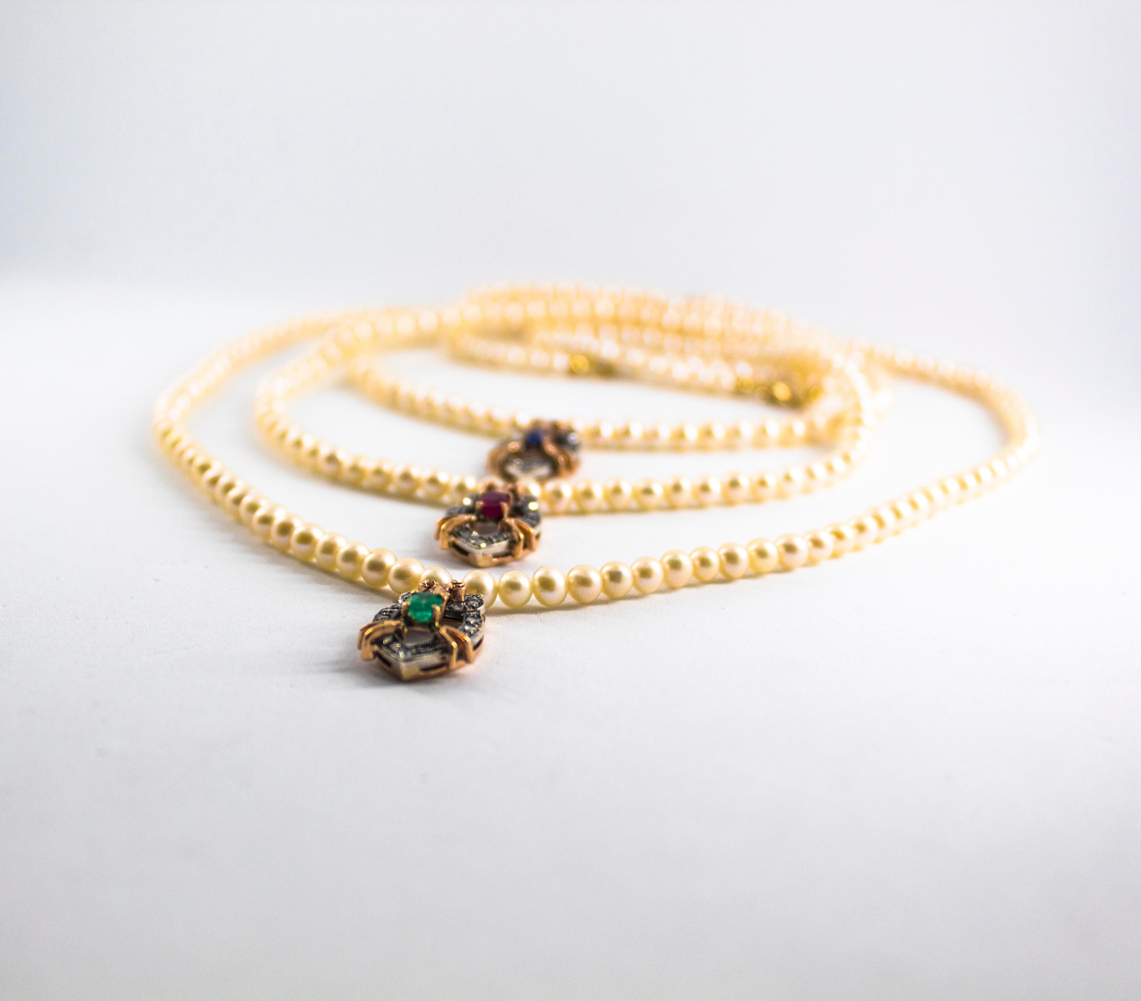 0.70 Carat White Diamond Emerald Pearl Yellow Gold Owl Pendant Beaded Necklace 1