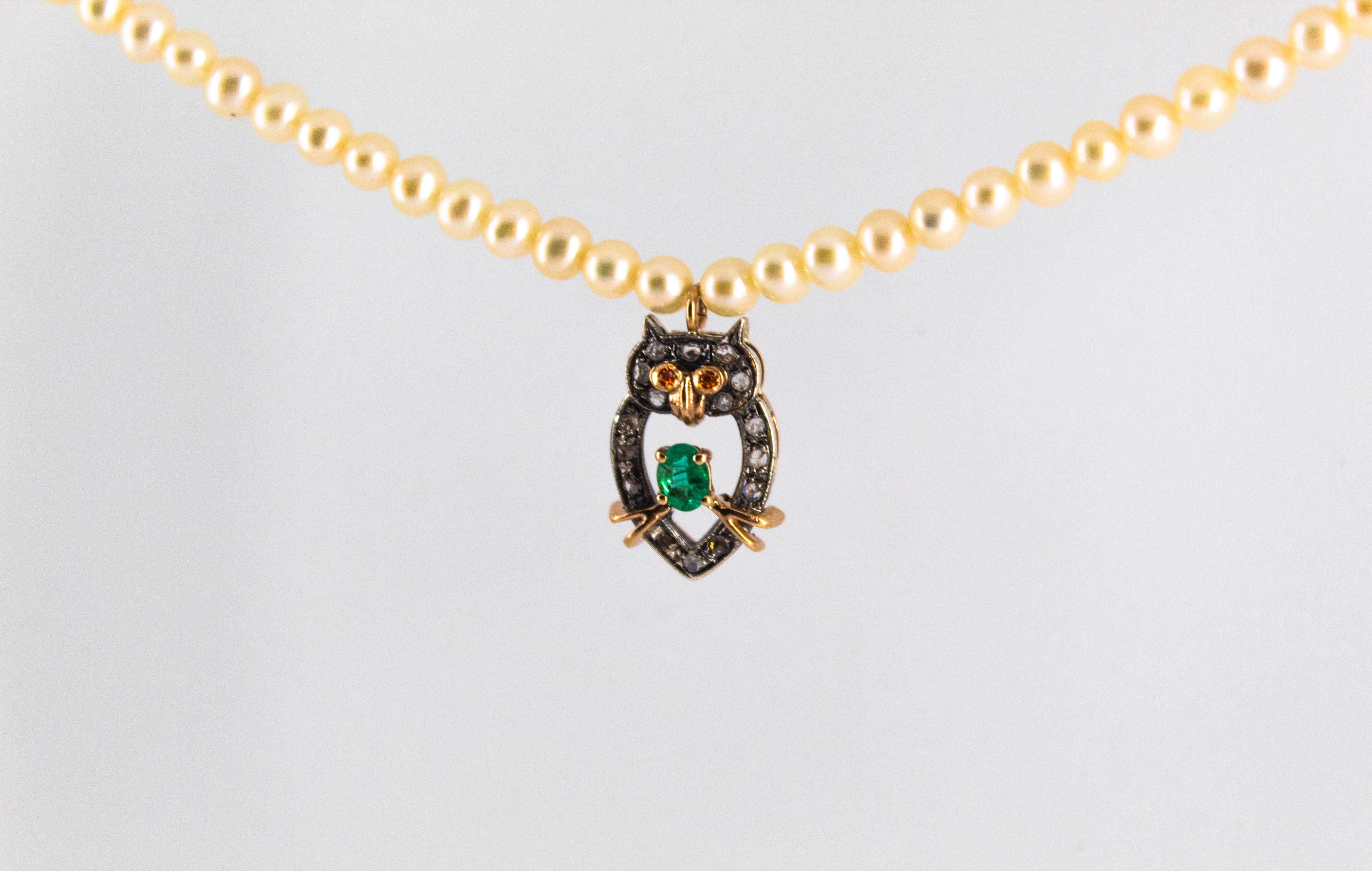 0.70 Carat White Diamond Emerald Pearl Yellow Gold Owl Pendant Beaded Necklace 2