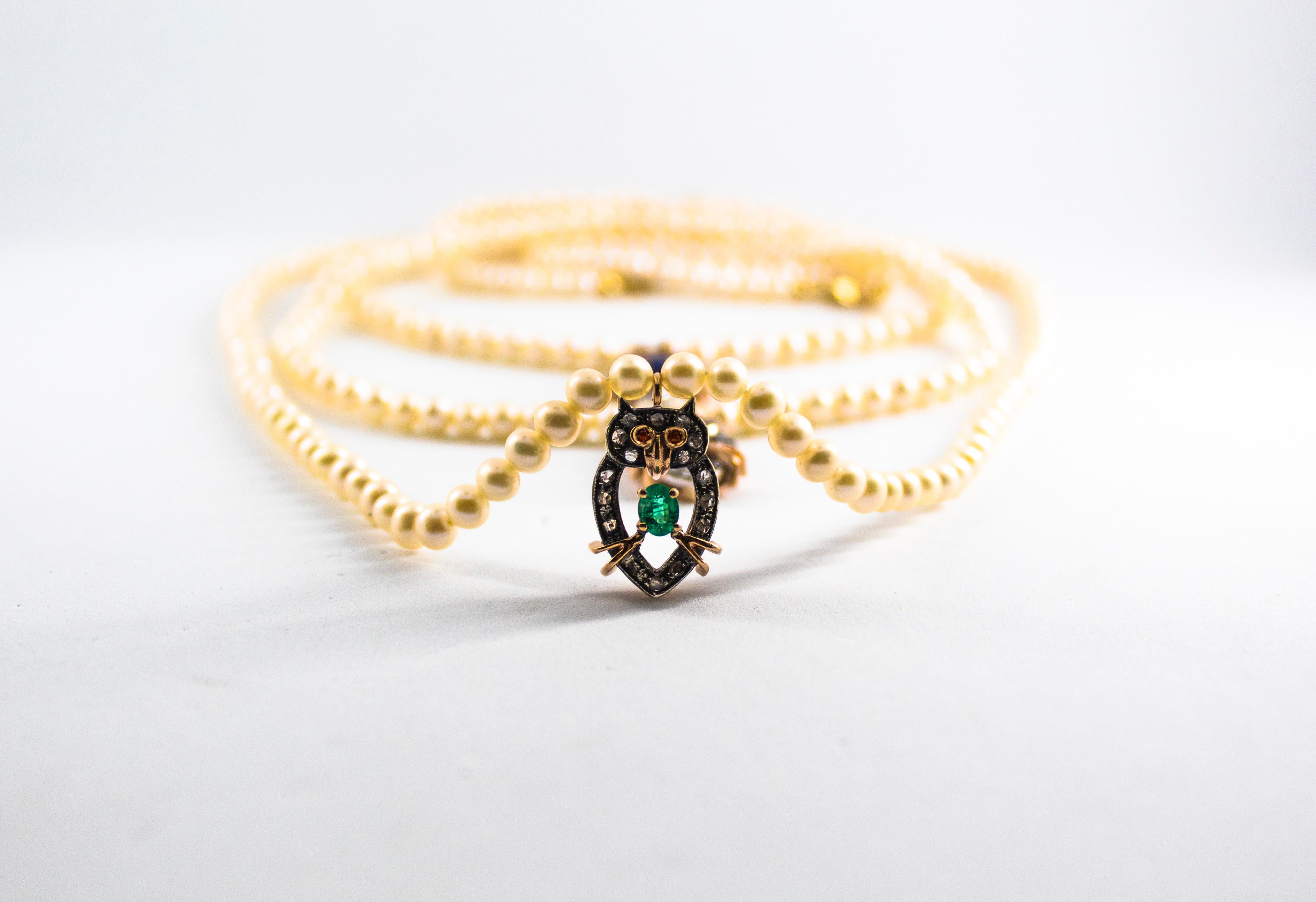 0.70 Carat White Diamond Emerald Pearl Yellow Gold Owl Pendant Beaded Necklace 3