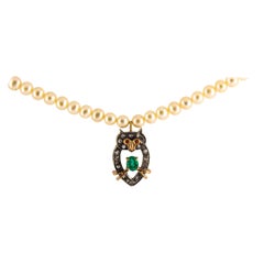 0.70 Carat White Diamond Emerald Pearl Yellow Gold Owl Pendant Beaded Necklace