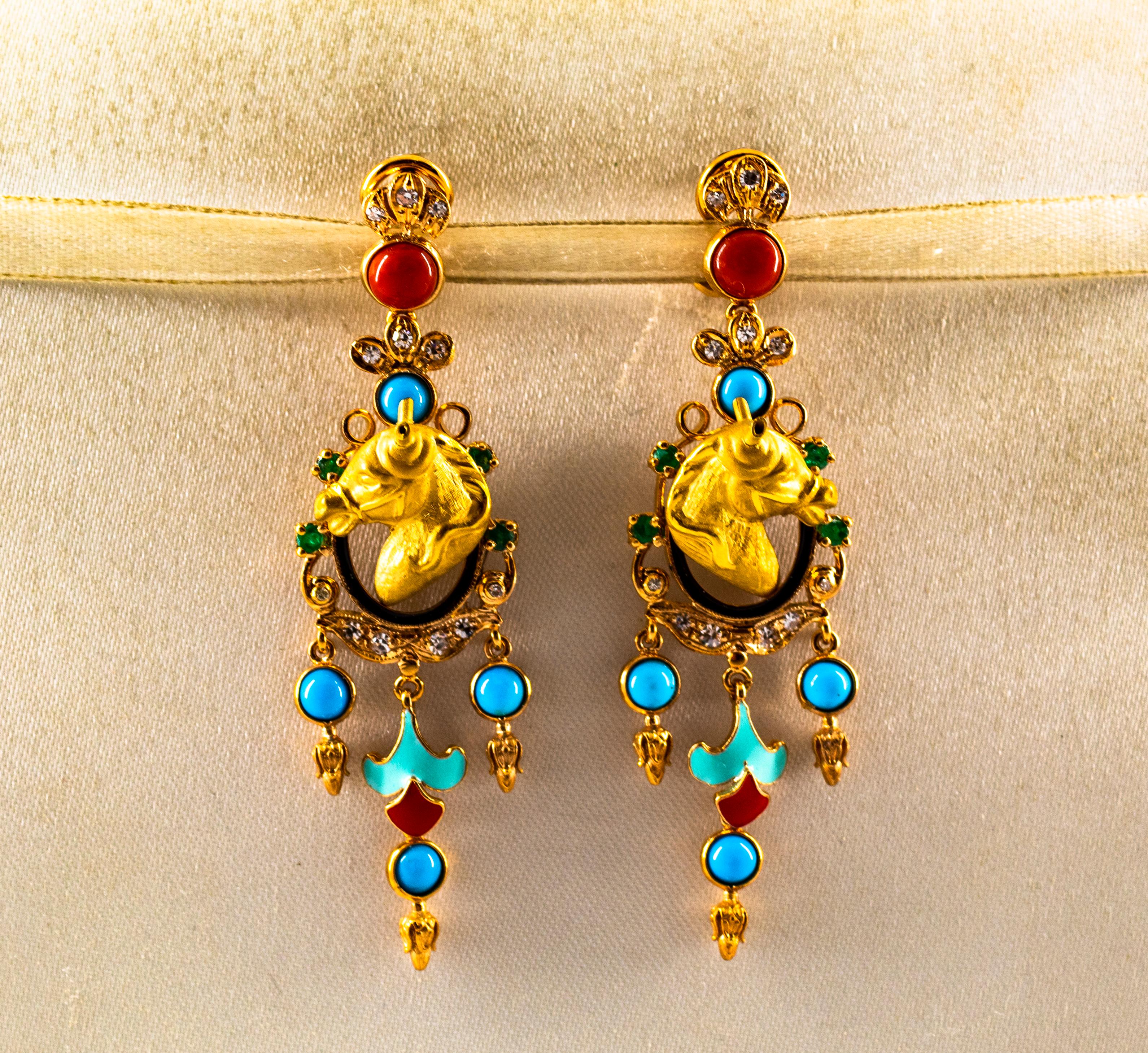 These Earrings are made of 9K Yellow Gold.
These Earrings have 0.40 Carats of White Modern Round Cut Diamonds.
These Earrings have 0.30 Carats of Emeralds.
These Earrings have also Mediterranean (Sardinia, Italy) Red Coral, Turquoise and
