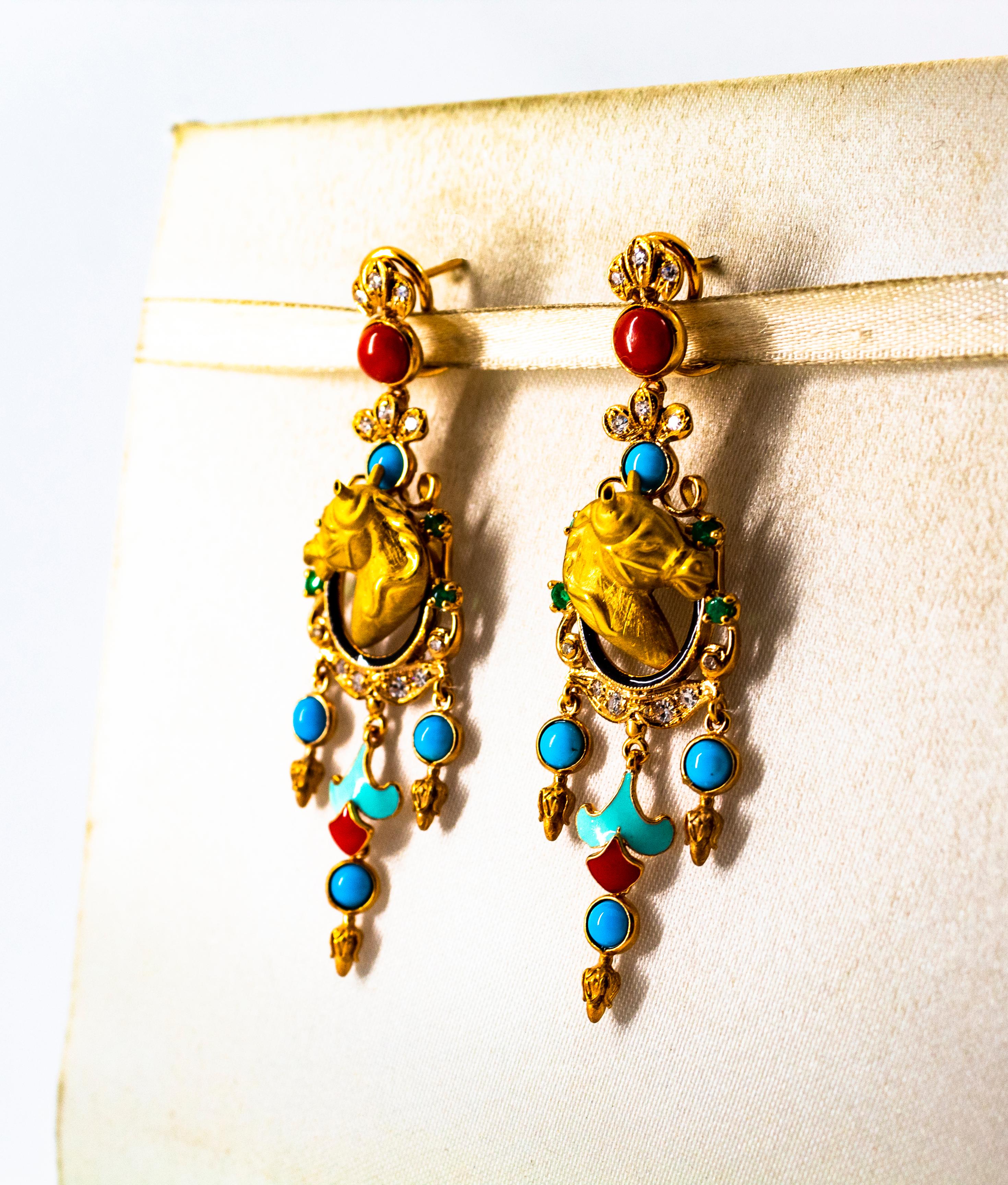 Art Nouveau 0.70 Carat White Diamond Emerald Turquoise Coral Yellow Gold Horse Drop Earrings For Sale