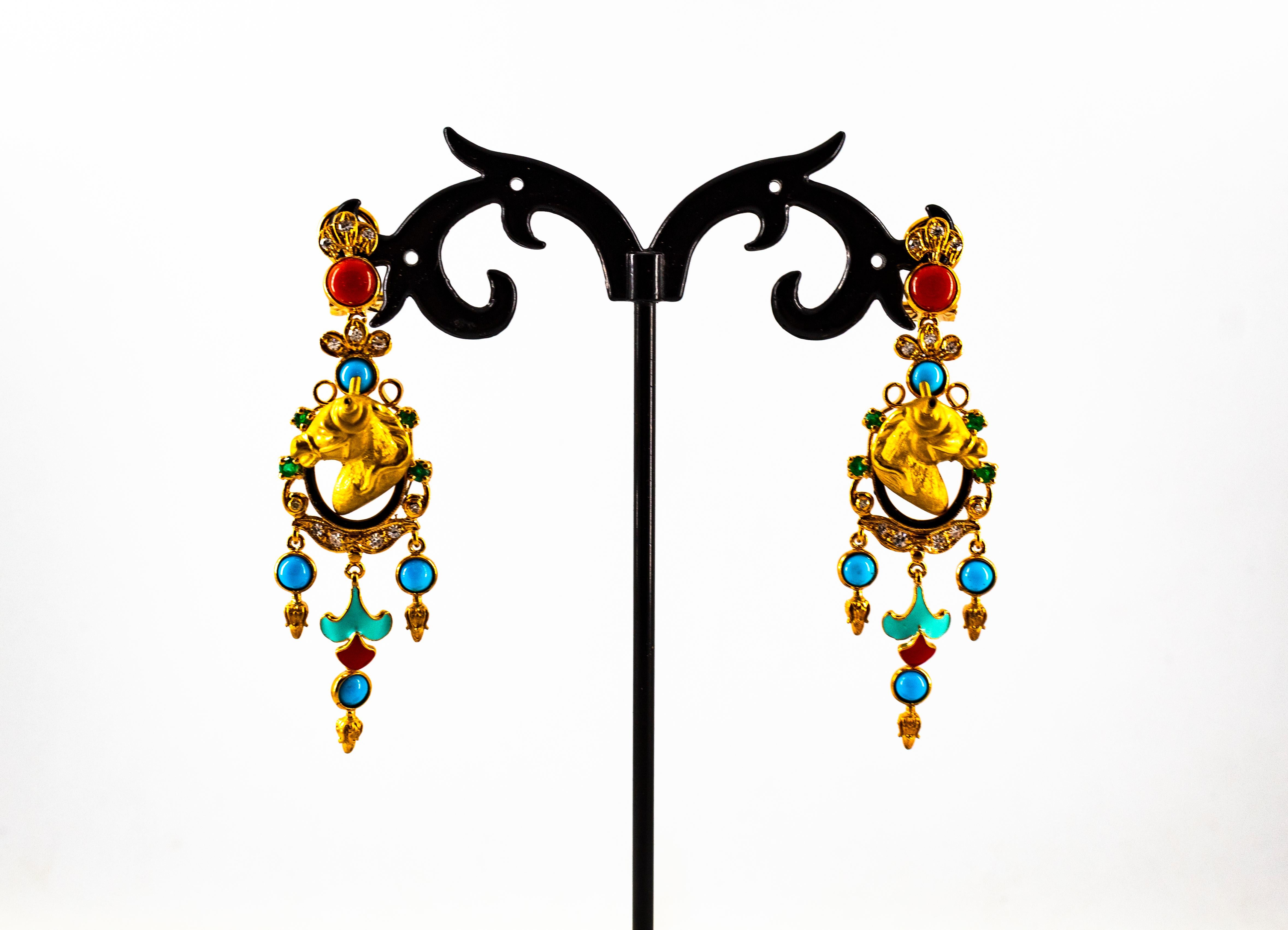 0.70 Carat White Diamond Emerald Turquoise Coral Yellow Gold Horse Drop Earrings In New Condition For Sale In Naples, IT