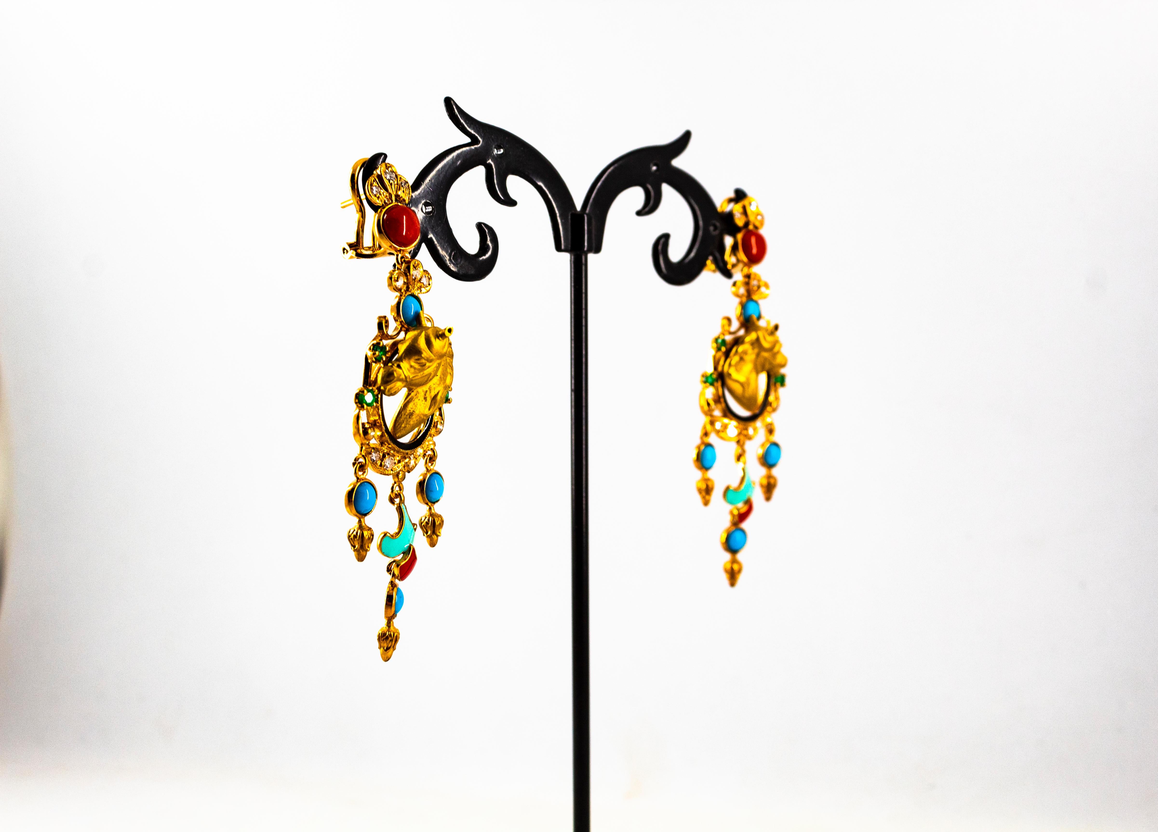 0.70 Carat White Diamond Emerald Turquoise Coral Yellow Gold Horse Drop Earrings For Sale 1