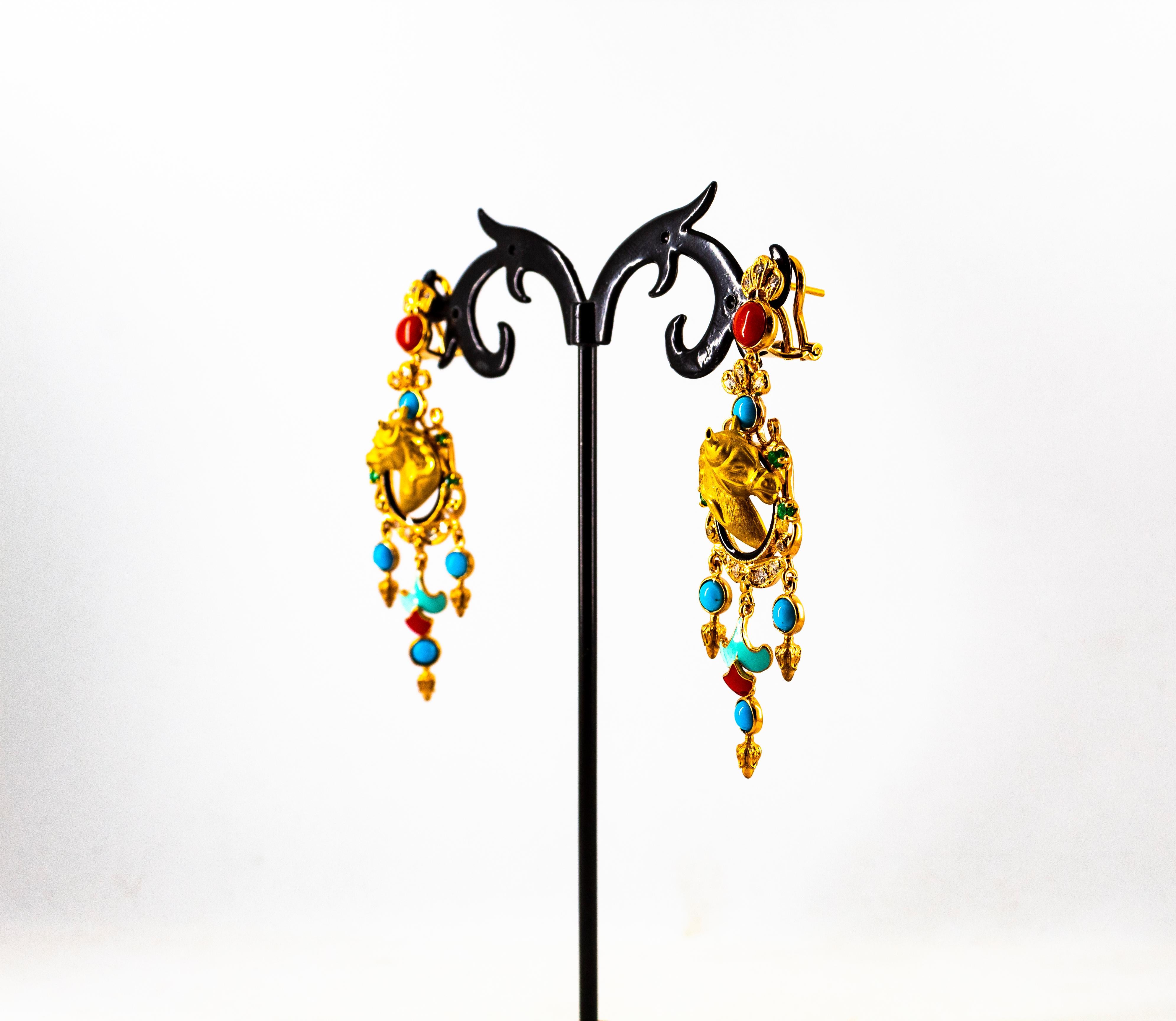 0.70 Carat White Diamond Emerald Turquoise Coral Yellow Gold Horse Drop Earrings For Sale 3