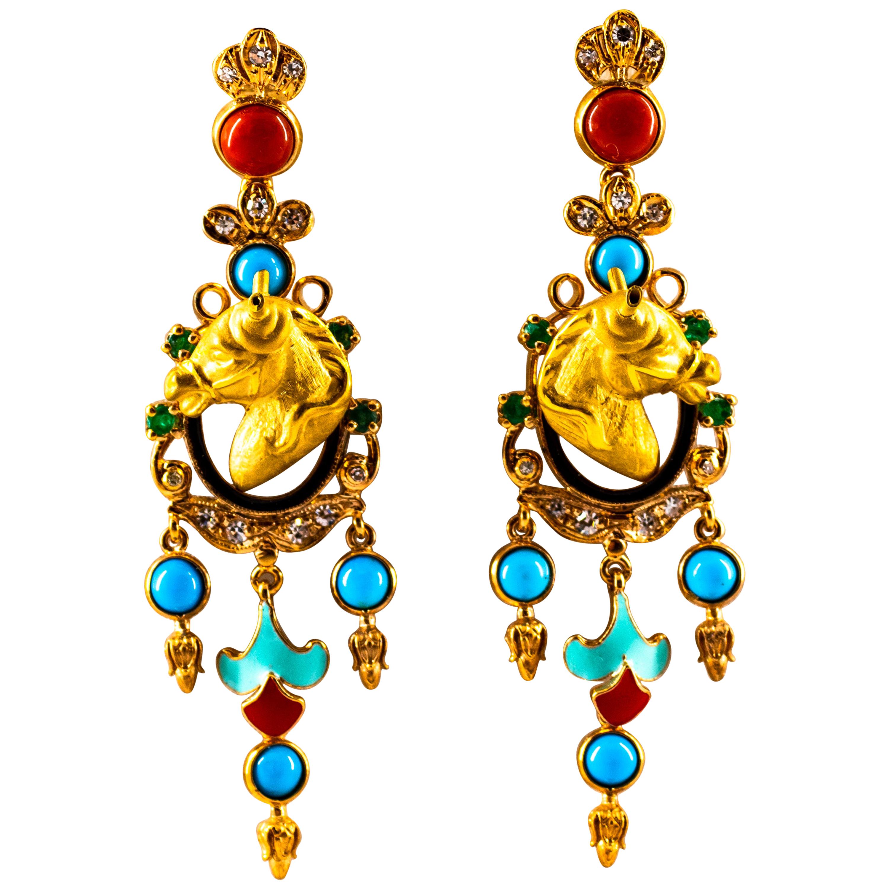 0.70 Carat White Diamond Emerald Turquoise Coral Yellow Gold Horse Drop Earrings