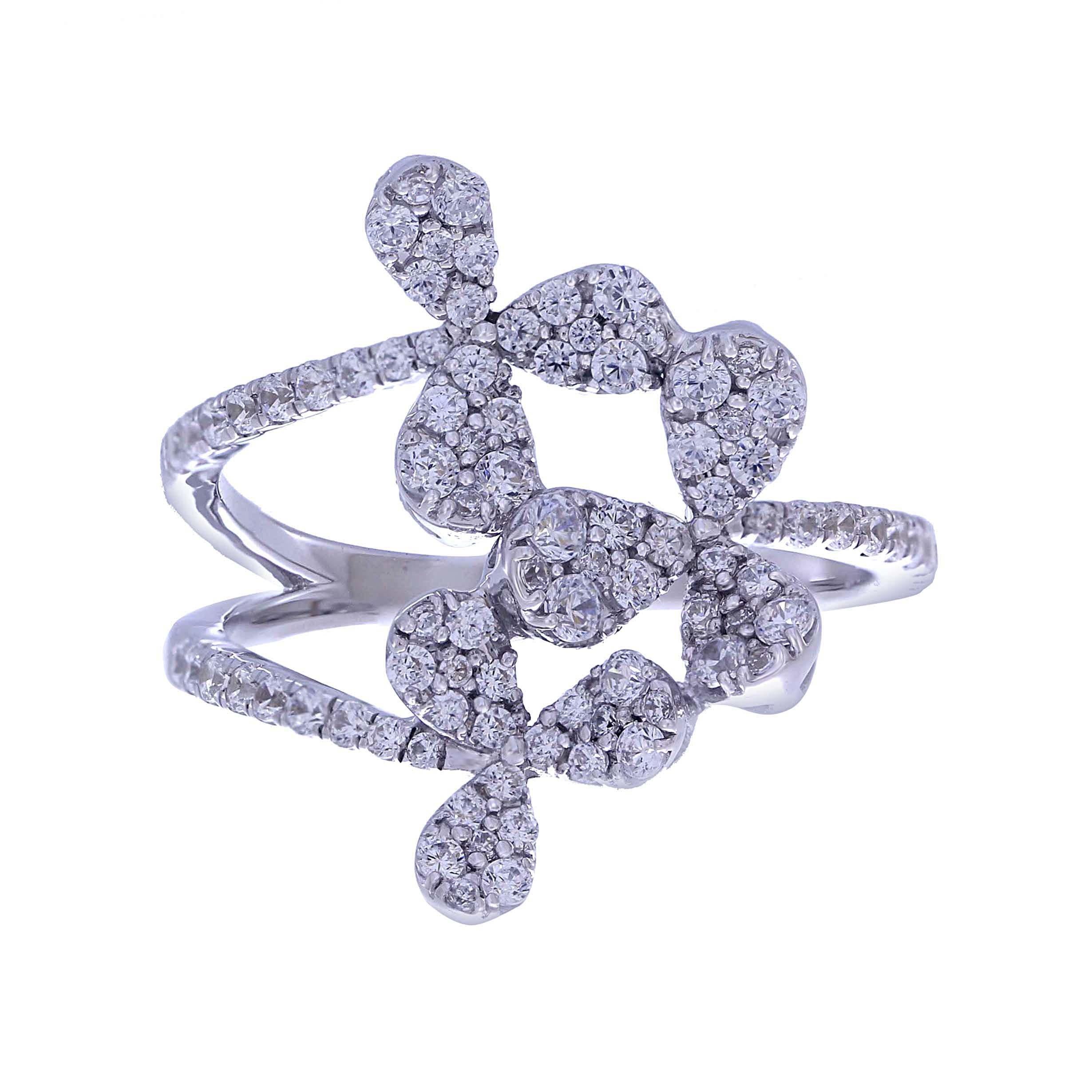 Modern 0.70 Carat White Diamond Pave Ring with 18 Karat White Gold Floral Design Ring