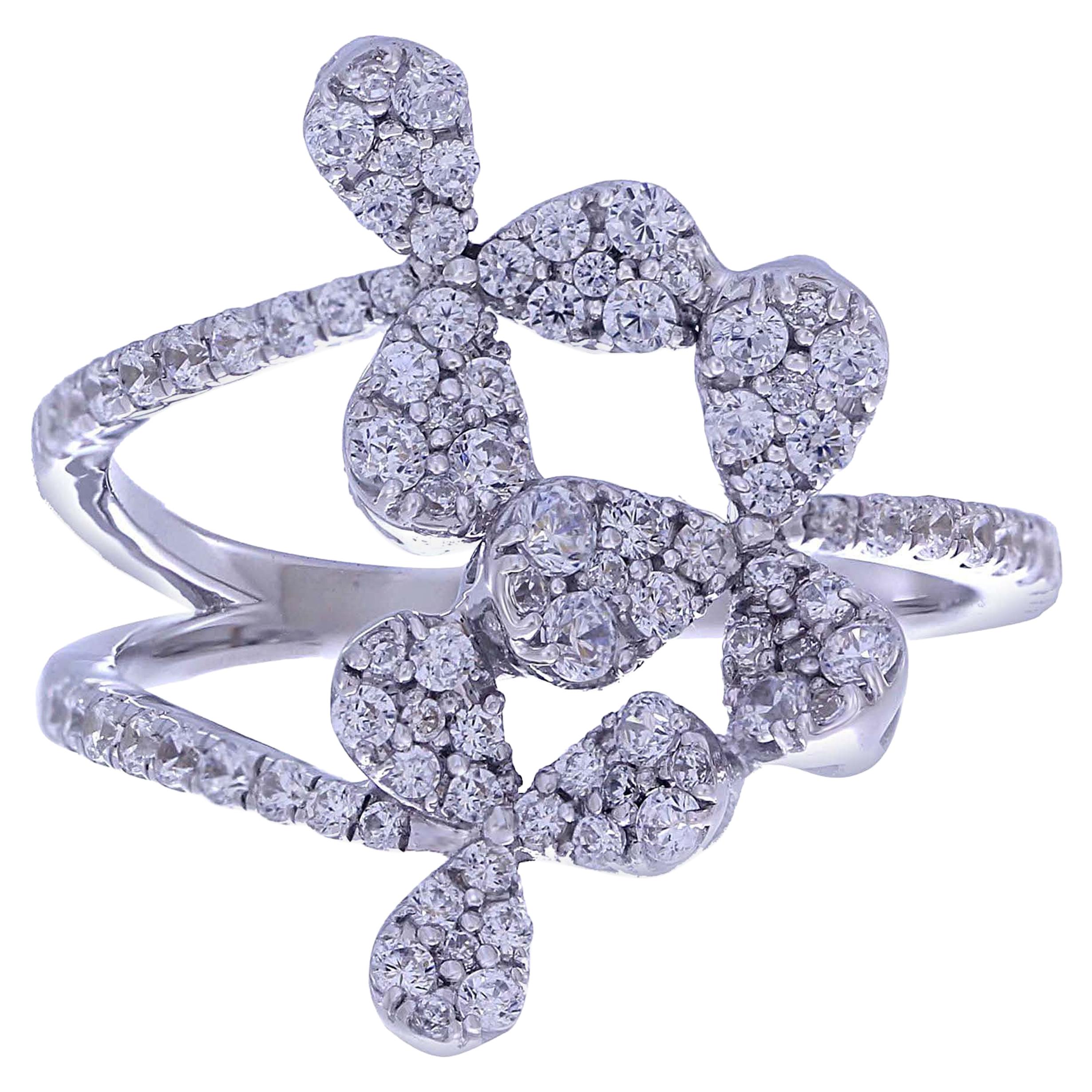 0.70 Carat White Diamond Pave Ring with 18 Karat White Gold Floral Design Ring