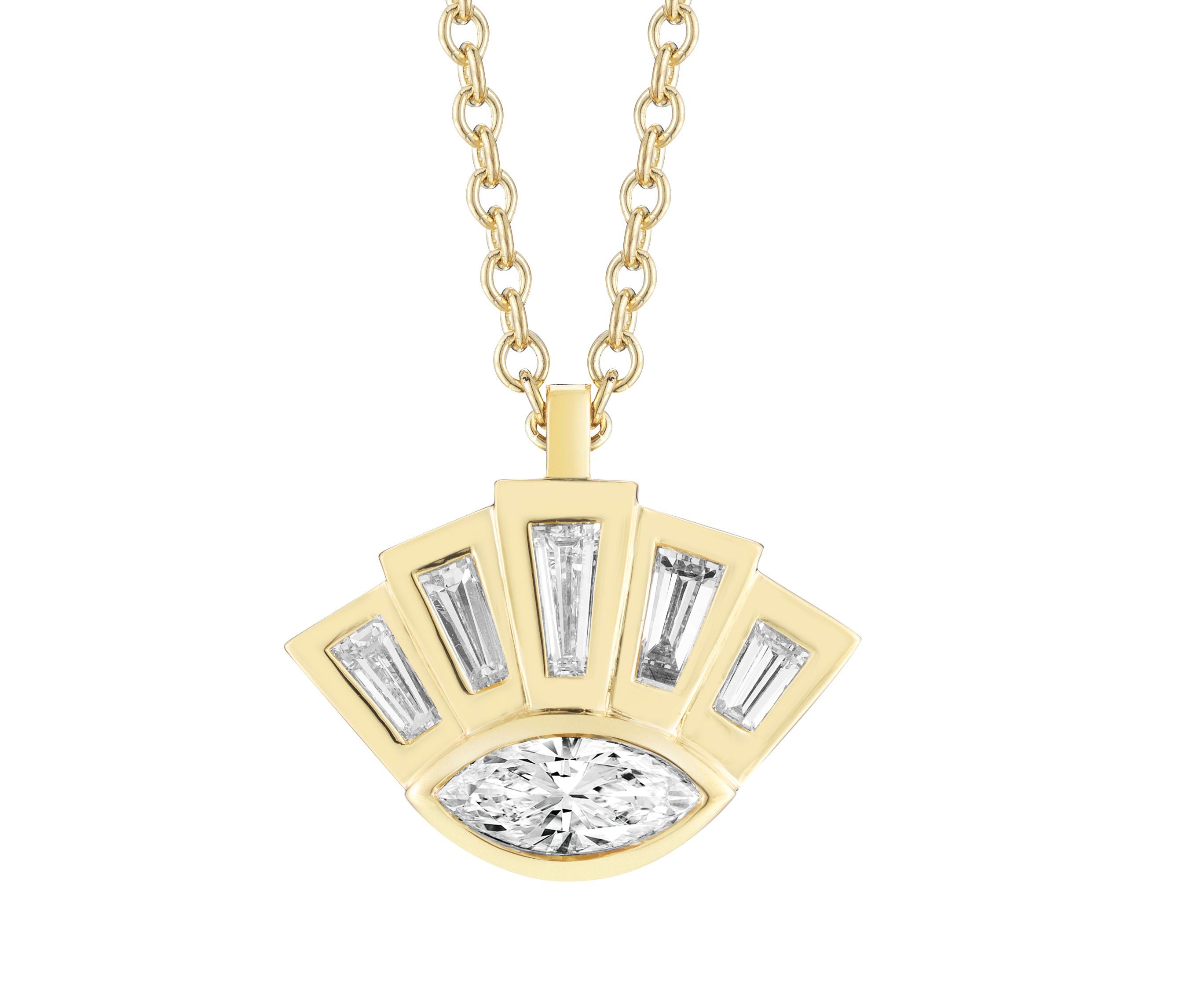 A heavy 18k yellow gold and diamond pendant with tapered baguette diamonds and a central marquise diamond. The look a cross between art deco and vintage. The gold pendant has approximately 0.70 carats total. Each Eye of Providence piece is a one of