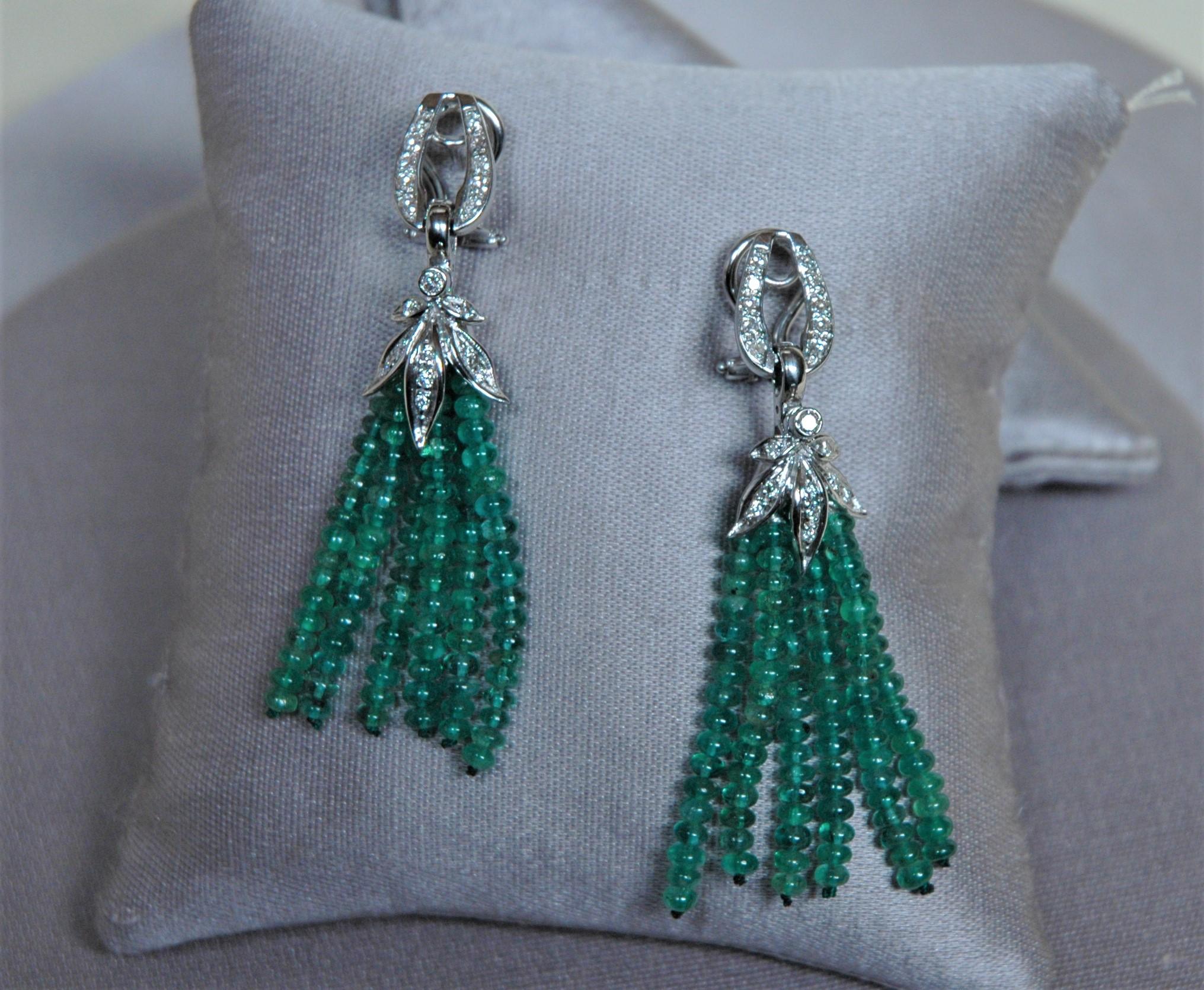 Brilliant Cut 0.70 Carats Diamonds, Emeralds White Gold Drop Earrings