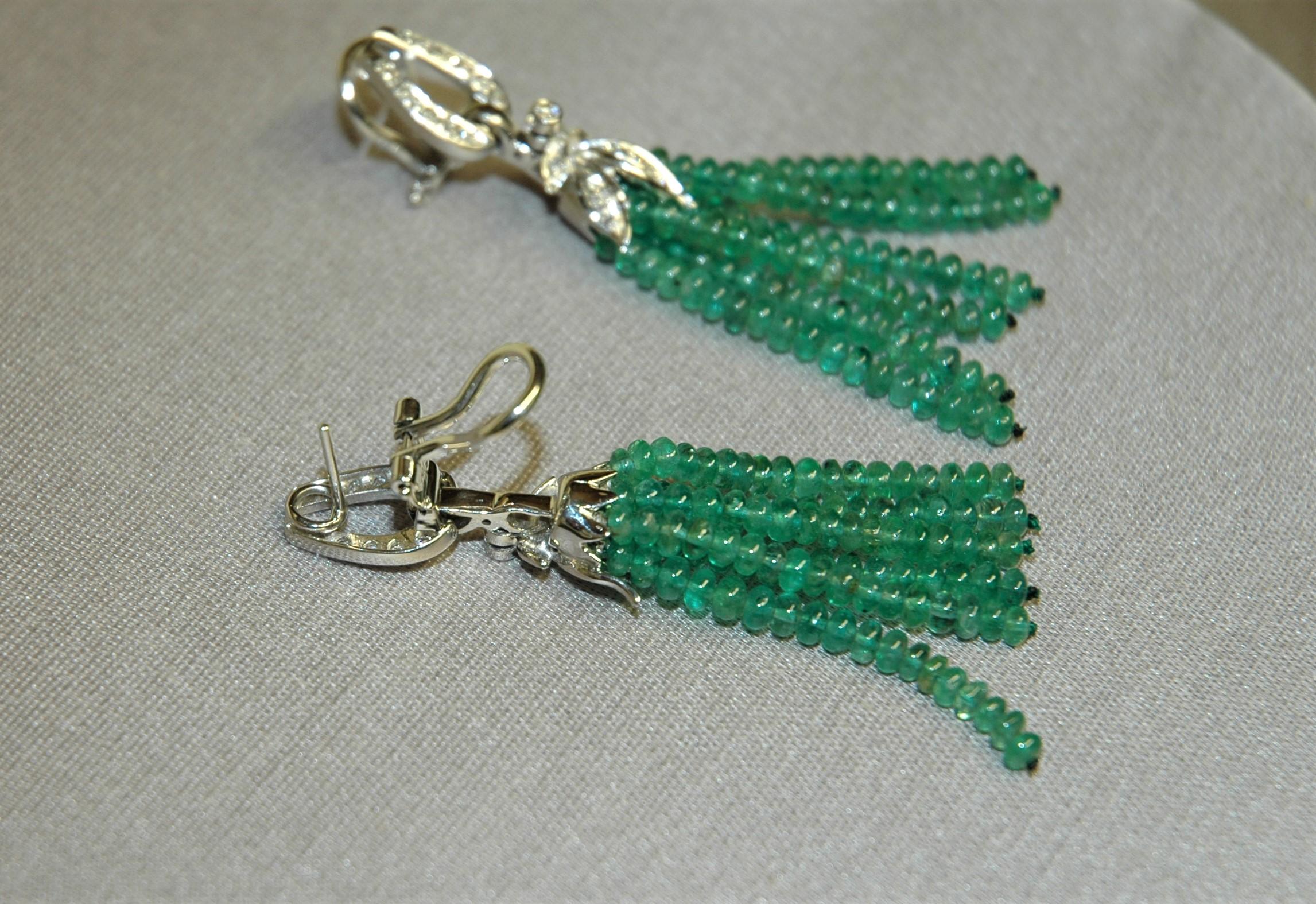 0.70 Carats Diamonds, Emeralds White Gold Drop Earrings 1