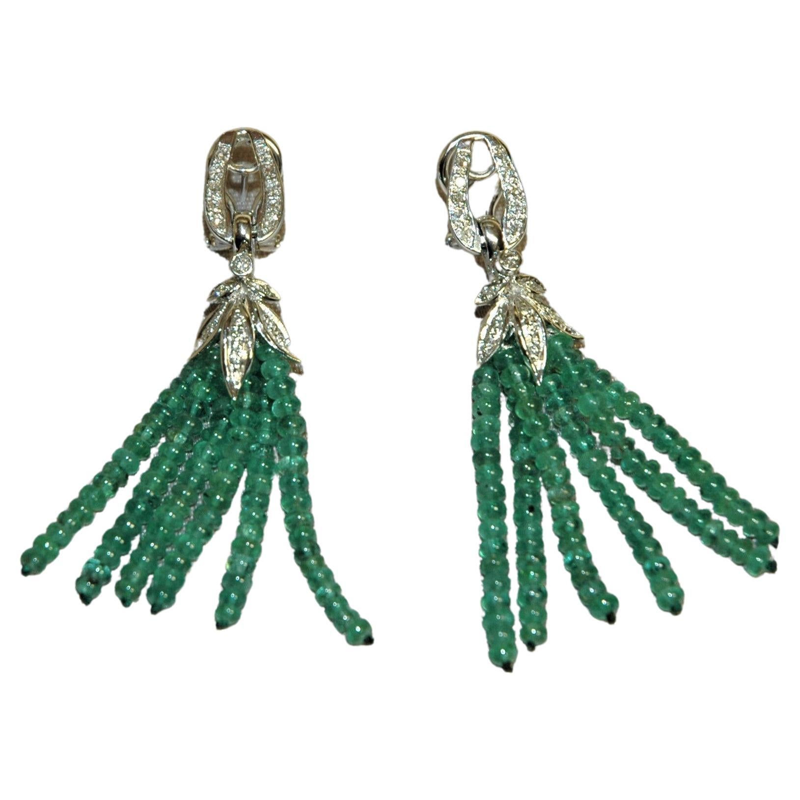 0.70 Carats Diamonds, Emeralds White Gold Drop Earrings
