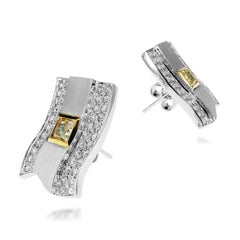 0.70 Carat Fancy Intense Yellow Diamond & 1.01 Carat White Diamond Stud Earring