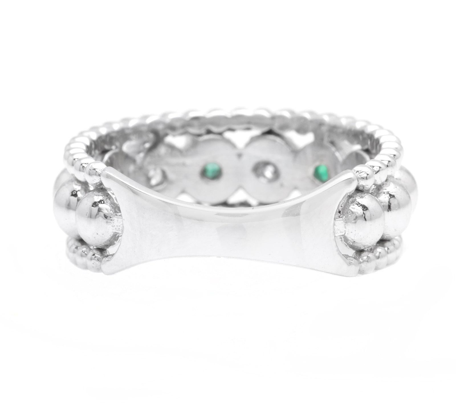 Mixed Cut 0.70 Carats Natural Emerald and Diamond 14K Solid White Gold Ring For Sale
