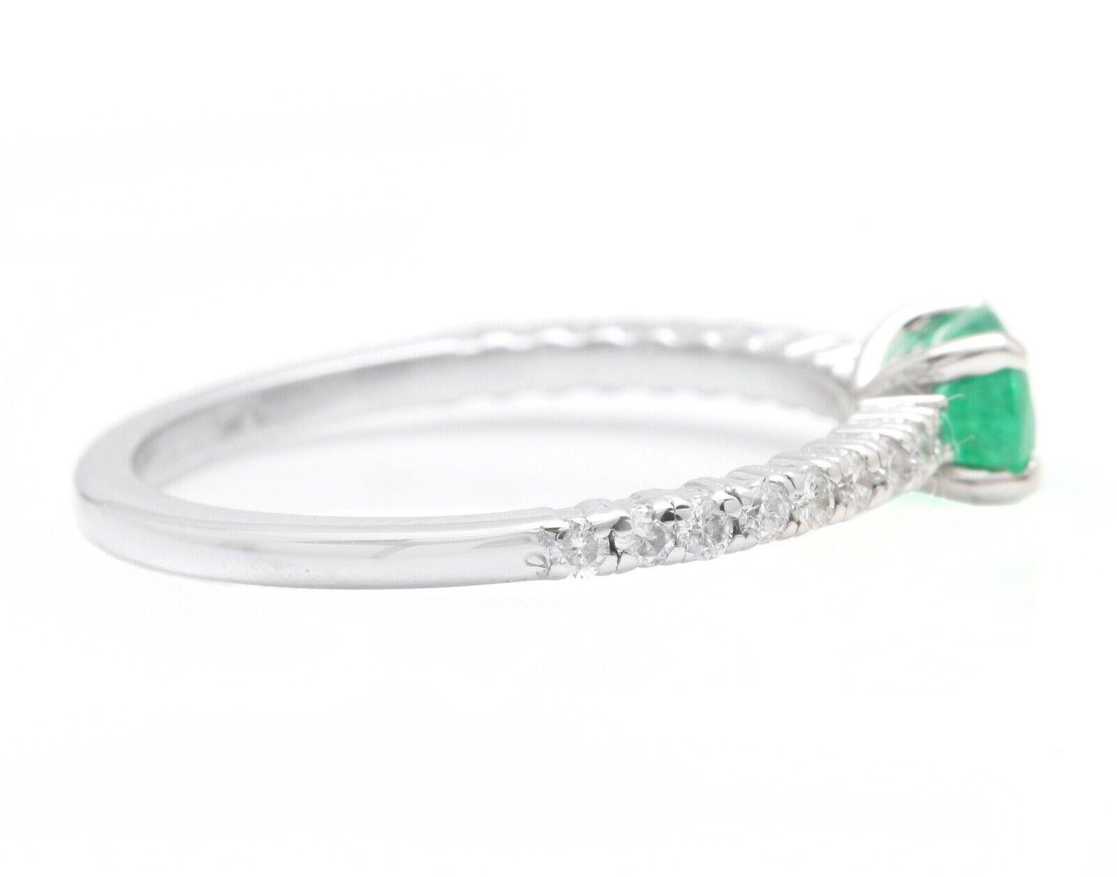 Mixed Cut 0.70 Carats Natural Emerald and Diamond 14K Solid White Gold Ring For Sale