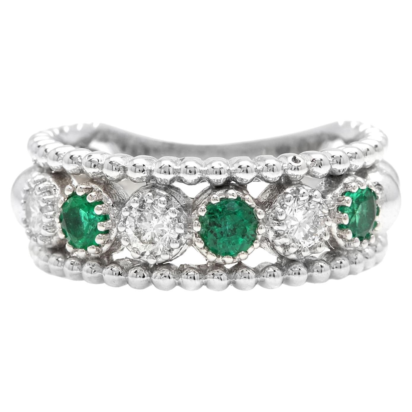 0.70 Carats Natural Emerald and Diamond 14K Solid White Gold Ring For Sale