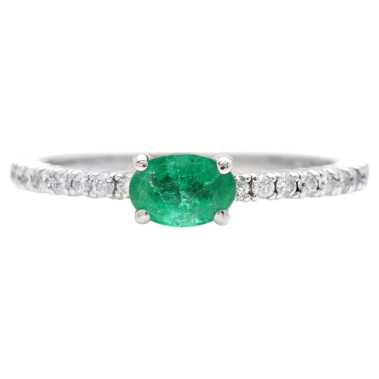 0.70 Carats Natural Emerald and Diamond 14K Solid White Gold Ring For Sale