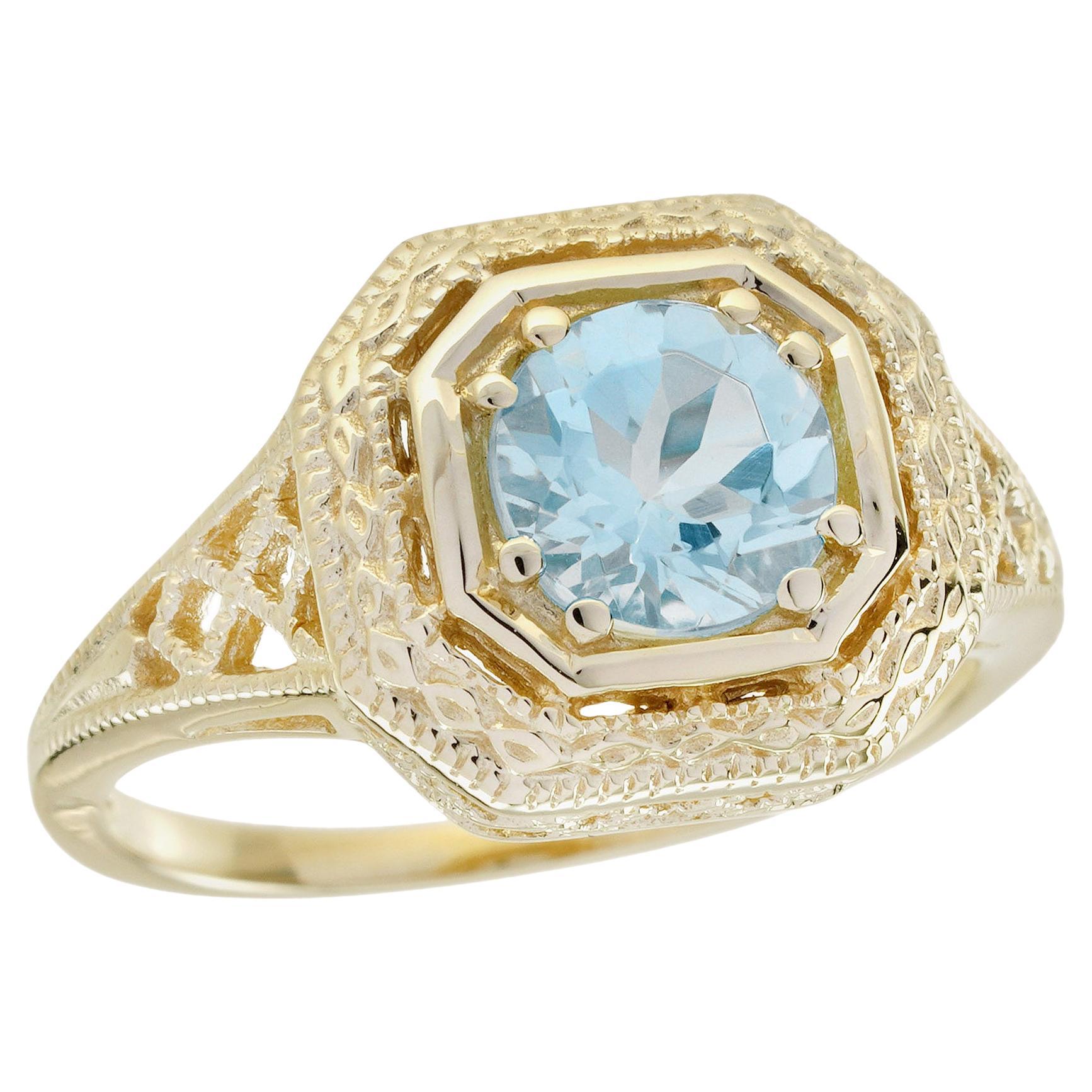 0.70 ct.  Aquamarine Vintage Style Filigree Ring in Solid 9K Yellow Gold