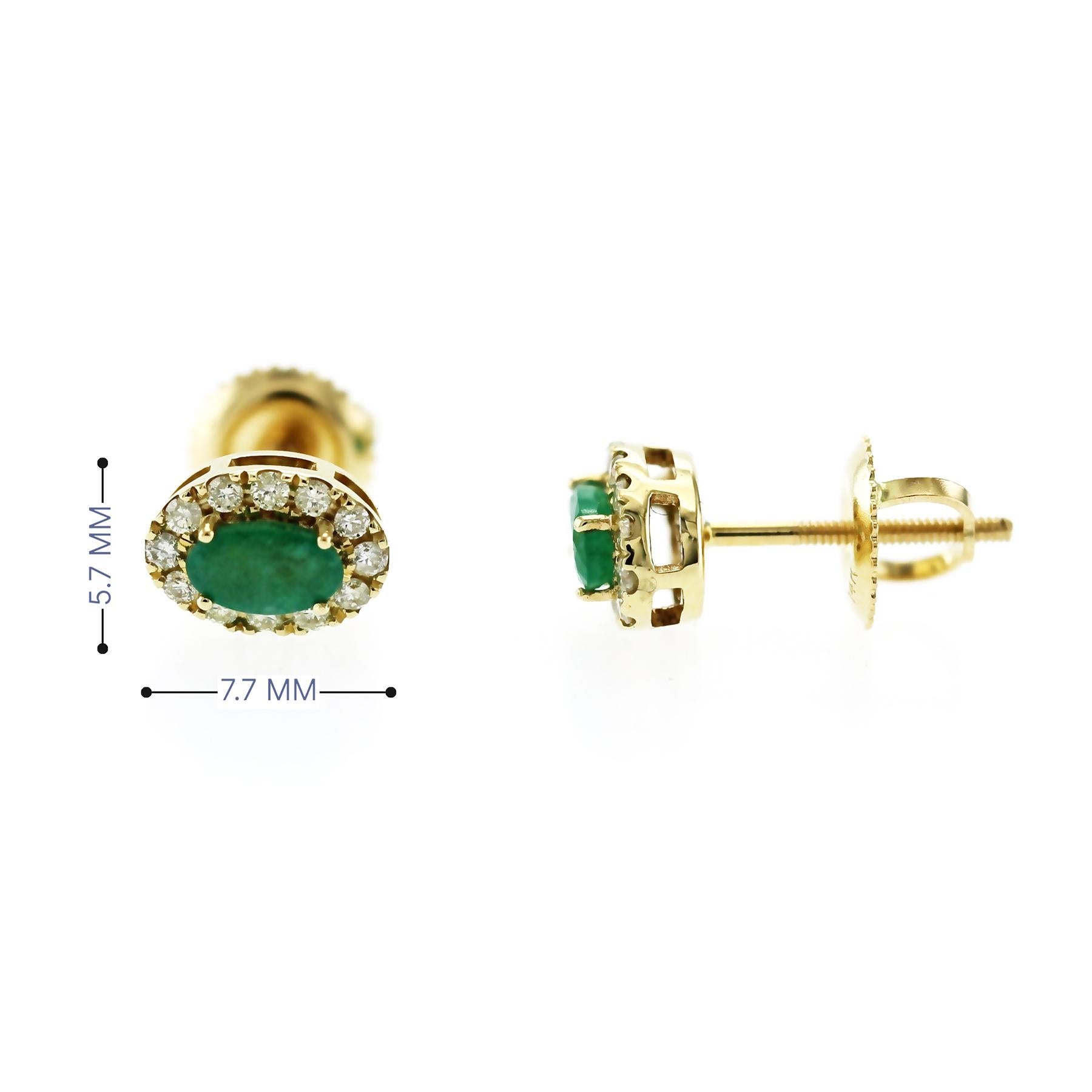 Taglio rotondo Smeraldo naturale 0,70 CT Diamanti 0,25 CT Orecchini a vite di forma ovale in oro 14K in vendita