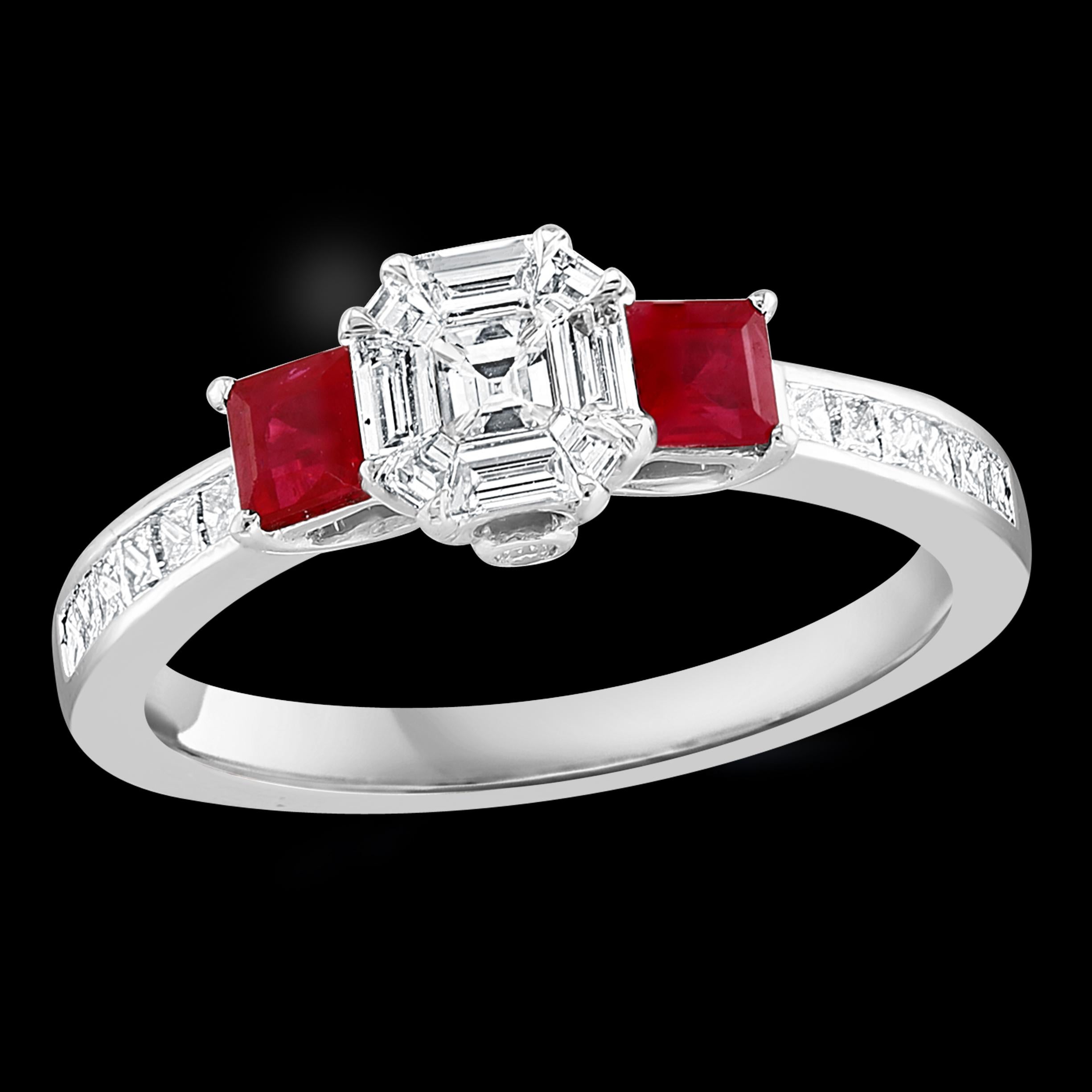 Approximately 0.70 Ct Natural Ruby & 0.75 Ct  Diamond 18 Karat White Gold Cocktail Ring
 prong set
18 K White Gold: 4.2  gram
Stamped 18K
Ring Size  ( can be altered for no charge )
2 Square cut Natural ruby Stone 
Diamonds:  approximate 0.75 Carat
