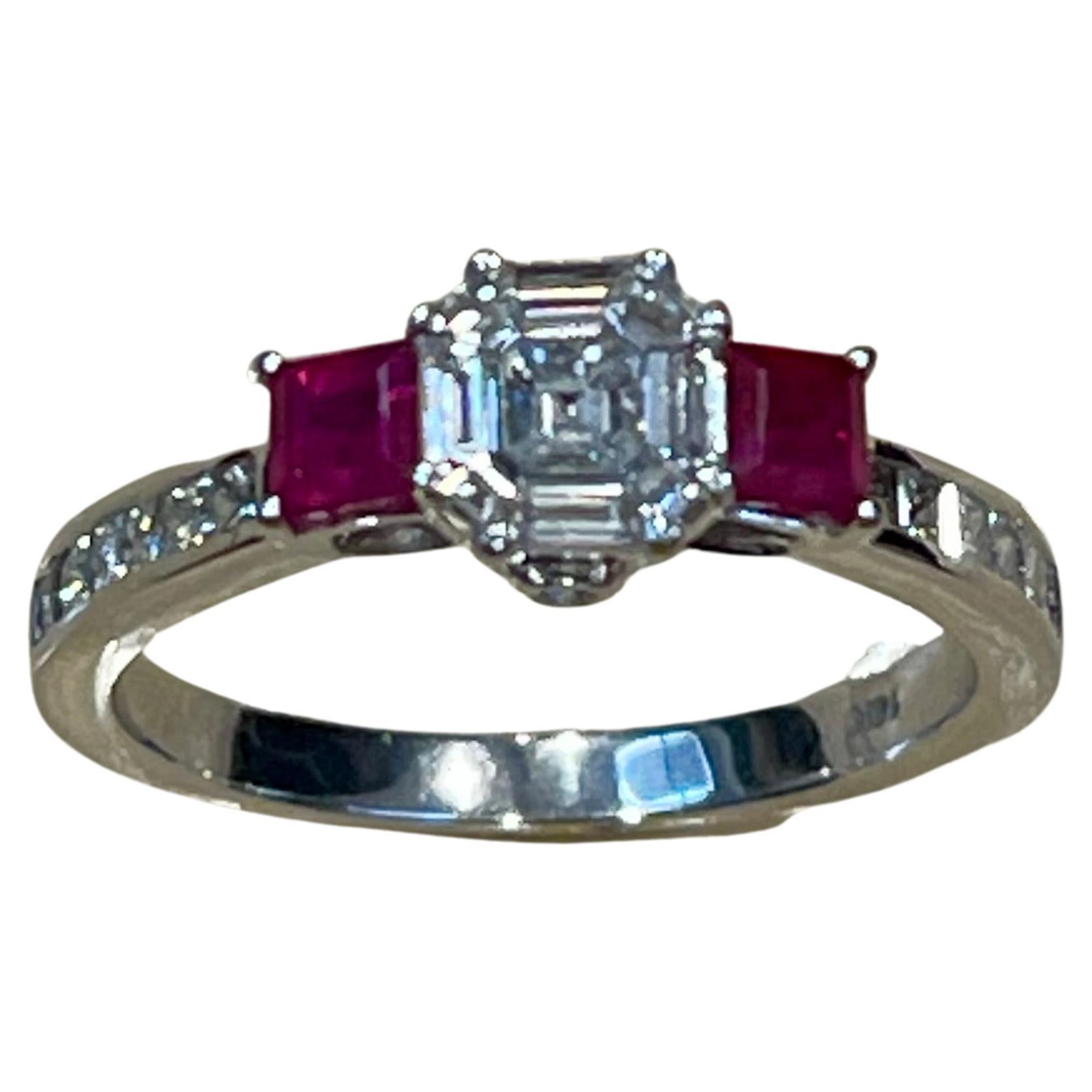 Square Cut 0.70 Ct Natural Ruby & 0.75 Ct Diamond 18 Karat White Gold Cocktail Ring For Sale