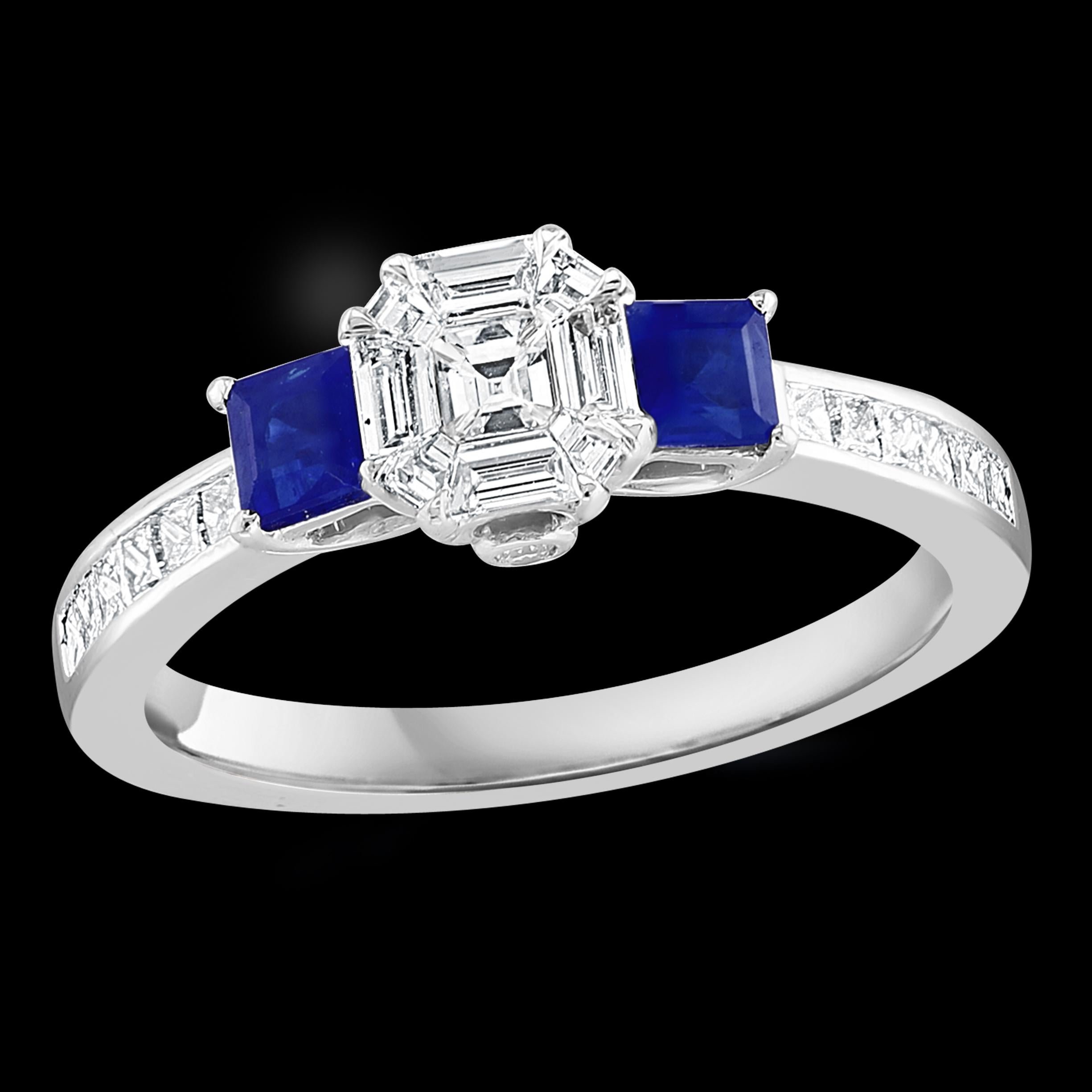 Approximately 0.70 Ct Natural Sapphire & 0.75 Ct  Diamond 18 Karat White Gold Cocktail Ring
 prong set
18 K White Gold: 4.2  gram
Stamped 18K
Ring Size  ( can be altered for no charge )
2 Square cut Natural Sapphire  Stone 
Diamonds:  approximate