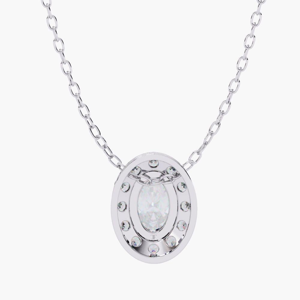 Contemporary 0.70 Ctw Ovall Diamond Halo Pendant Necklace 14K Gold For Sale