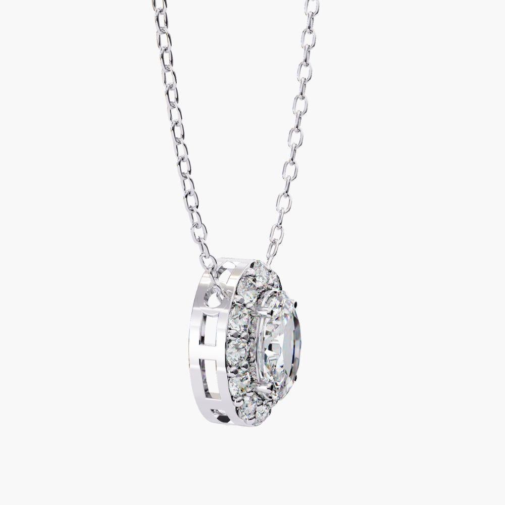 Oval Cut 0.70 Ctw Ovall Diamond Halo Pendant Necklace 14K Gold For Sale