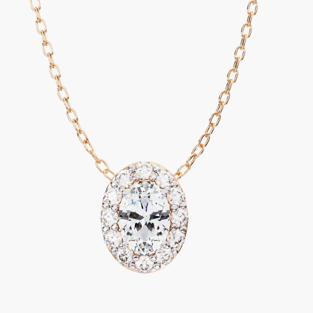 0.70 Ctw Ovall Diamond Halo Pendant Necklace 14K Gold For Sale 1
