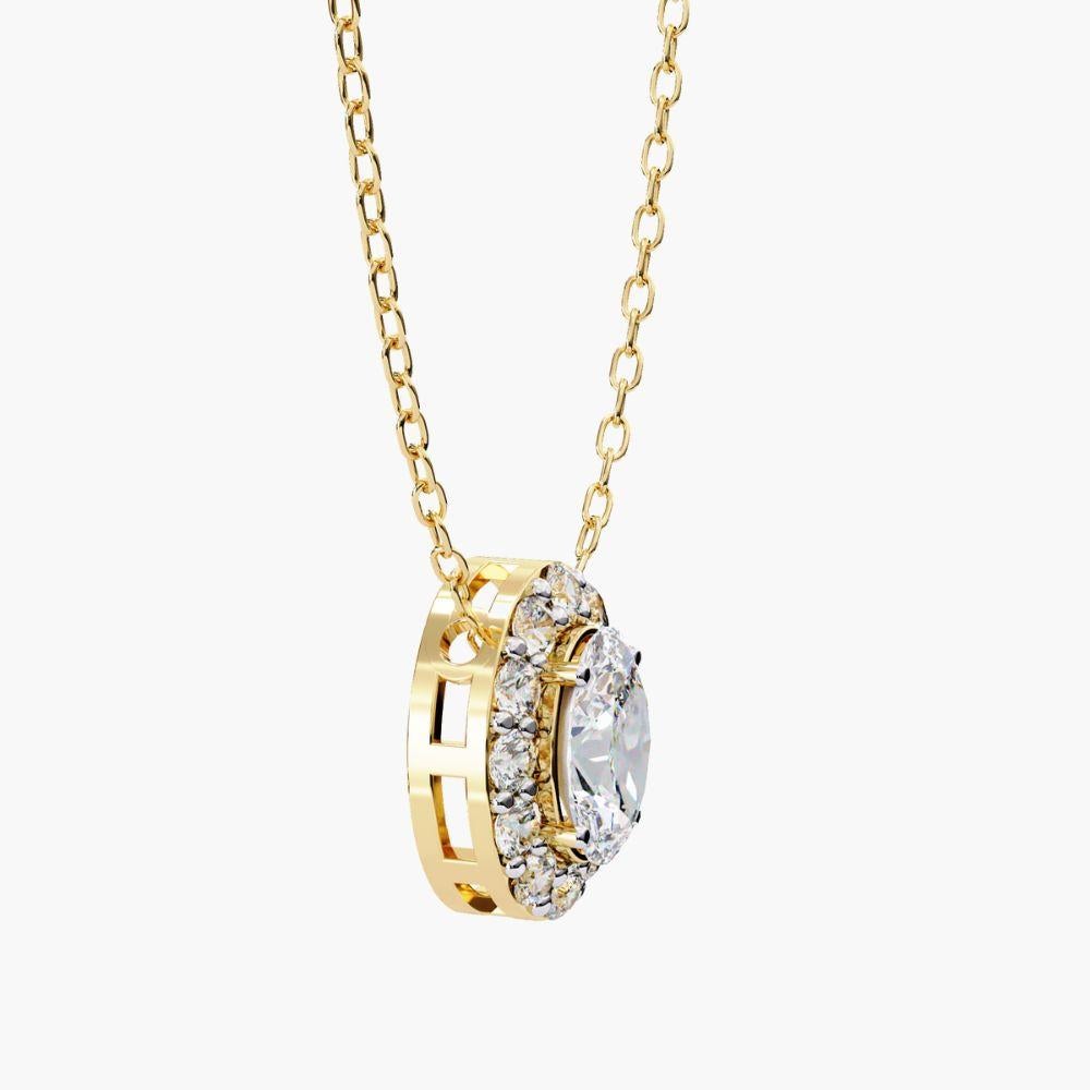 0.70 Ctw Ovall Diamond Halo Pendant Necklace 14K Gold For Sale 3