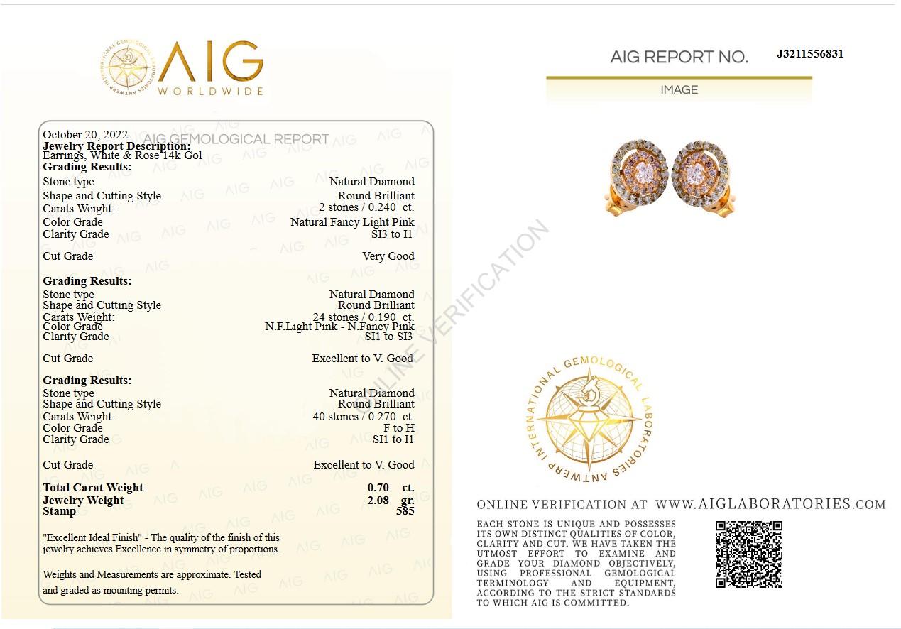 Women's 1$ NO RESERVE - 0.70CTWNatural Pink Diamond Stud Earrings 14k Rose Gold