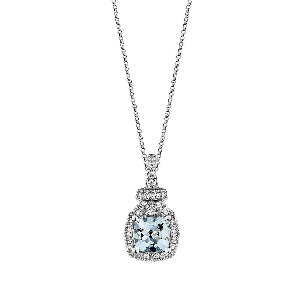 Cushion Cut 0.705 Carat Aquamarine Pendant in 18Karat White Gold with White Diamond. For Sale