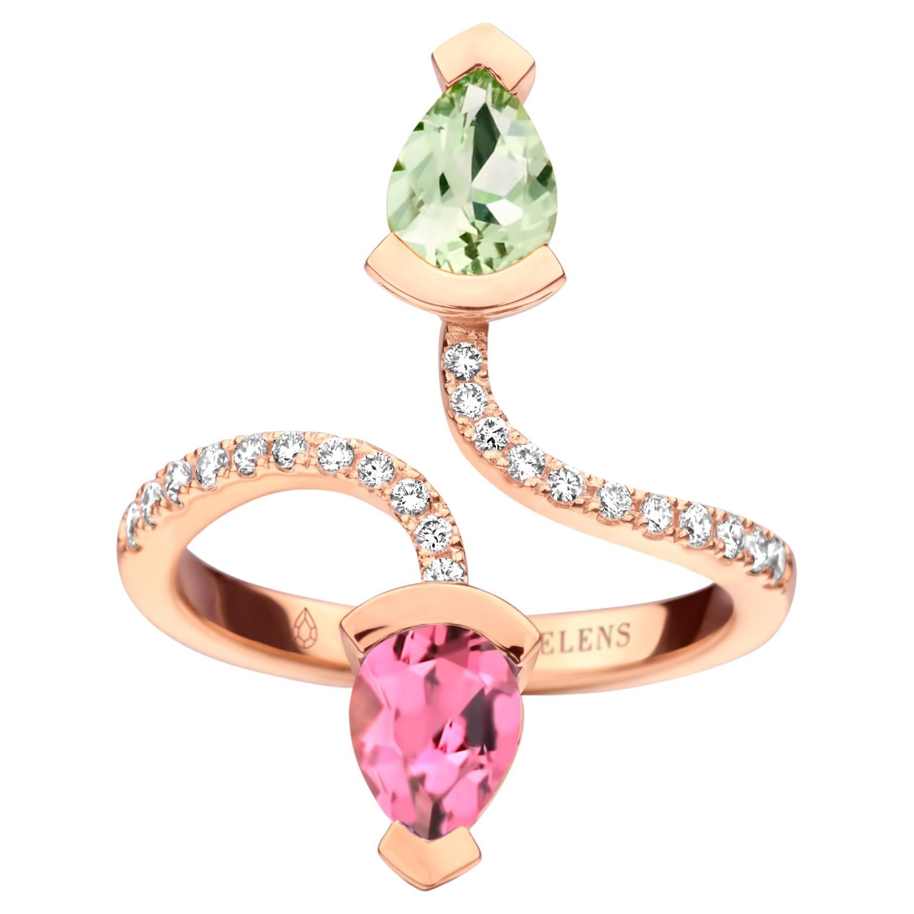 0.70ct Green Beryl & 0.78ct Pink Tourmaline 18K Rose Gold Diamond Cocktail Ring For Sale