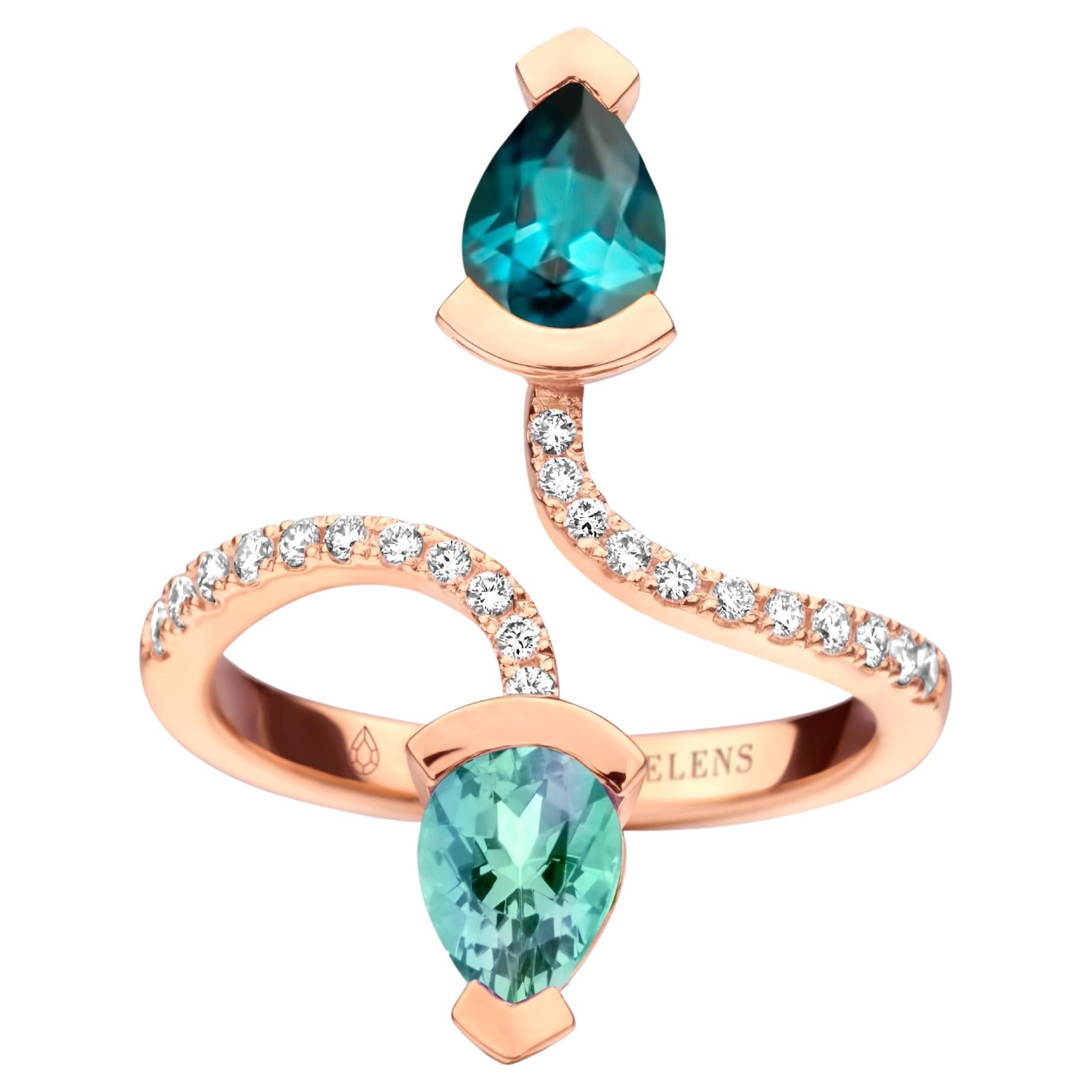 0.70Ct Indigolite and 0.78Ct Mint Tourmaline 18K Rose Gold Diamond Cocktail Ring For Sale