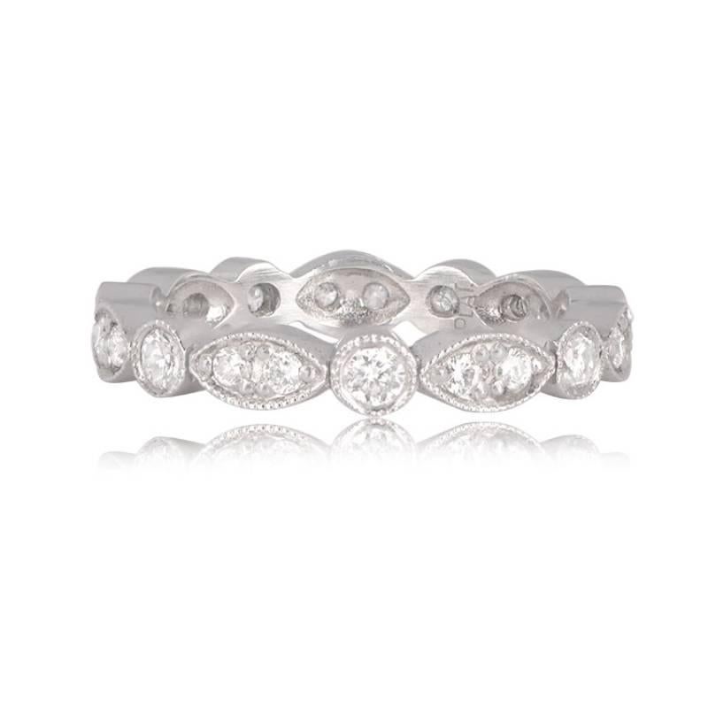 Crafted in platinum, the Angled Marquise and Round Diamond Halfway Band showcases alternating marquise and round-shaped segments adorned with diamonds. The total diamond weight is approximately 0.70 carats, exhibiting an H color and VS clarity. This