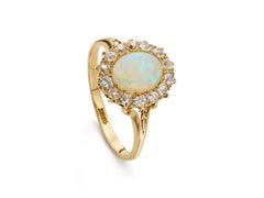 0.70ct Opal & Old Mine Cut Diamond 18K Yellow Gold Cluster Ring