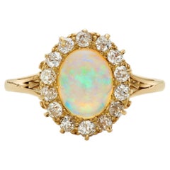0.70ct Opal & Old Mine Cut Diamond 18K Yellow Gold Cluster Ring