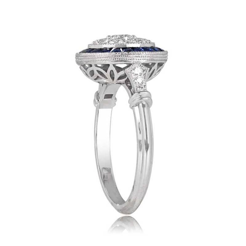 Art Deco 0.70ct Round Brilliant Cut Diamond Engagement Ring, Sapphire Halo, Platinum For Sale