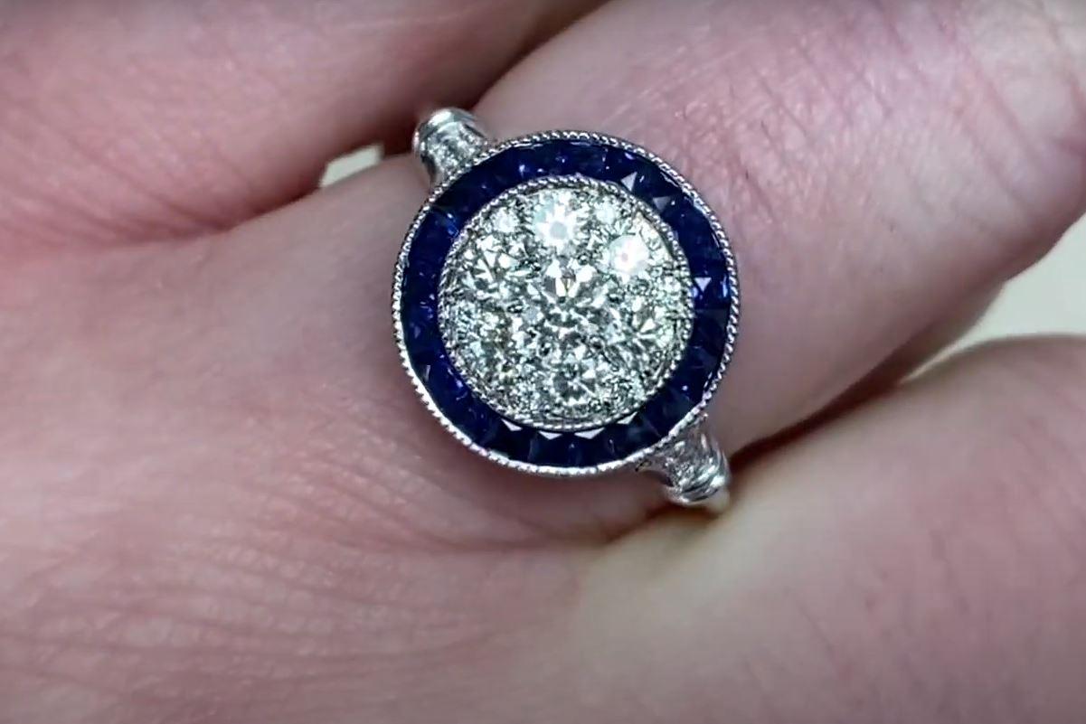 Round Cut 0.70ct Round Brilliant Cut Diamond Engagement Ring, Sapphire Halo, Platinum For Sale