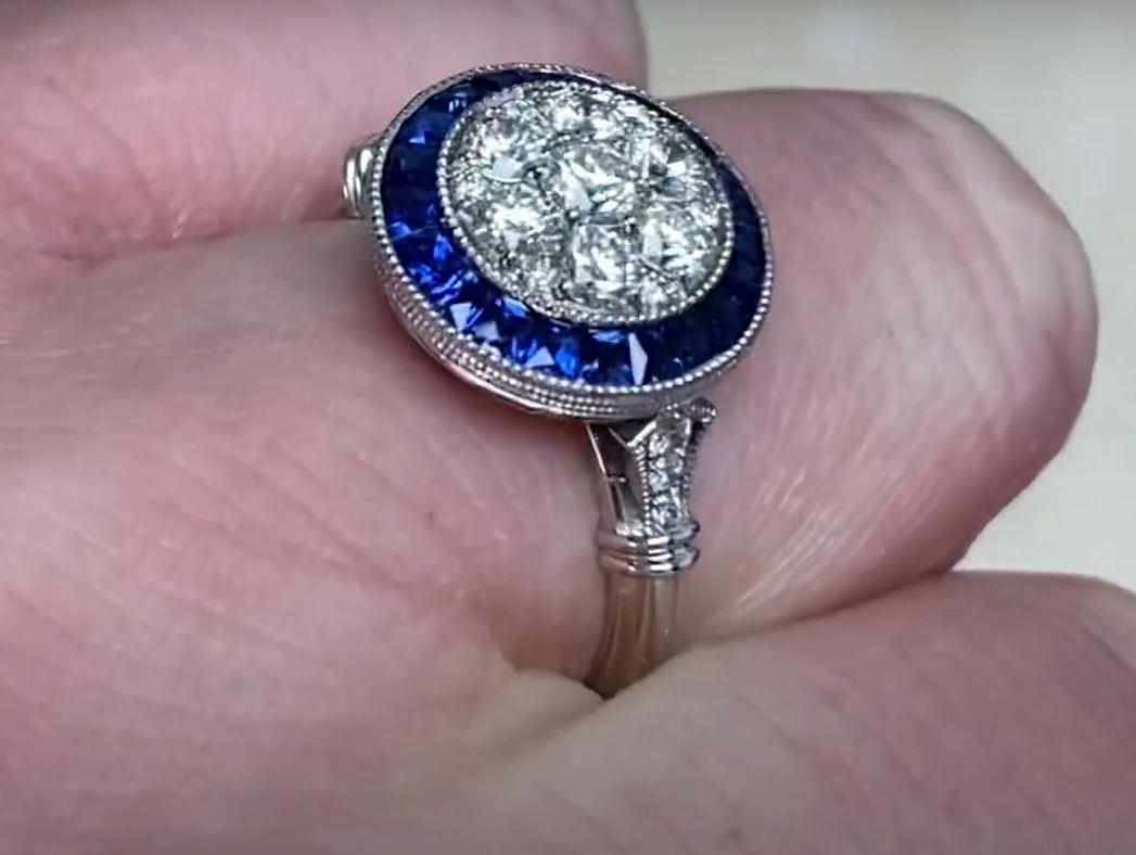 Women's 0.70ct Round Brilliant Cut Diamond Engagement Ring, Sapphire Halo, Platinum For Sale