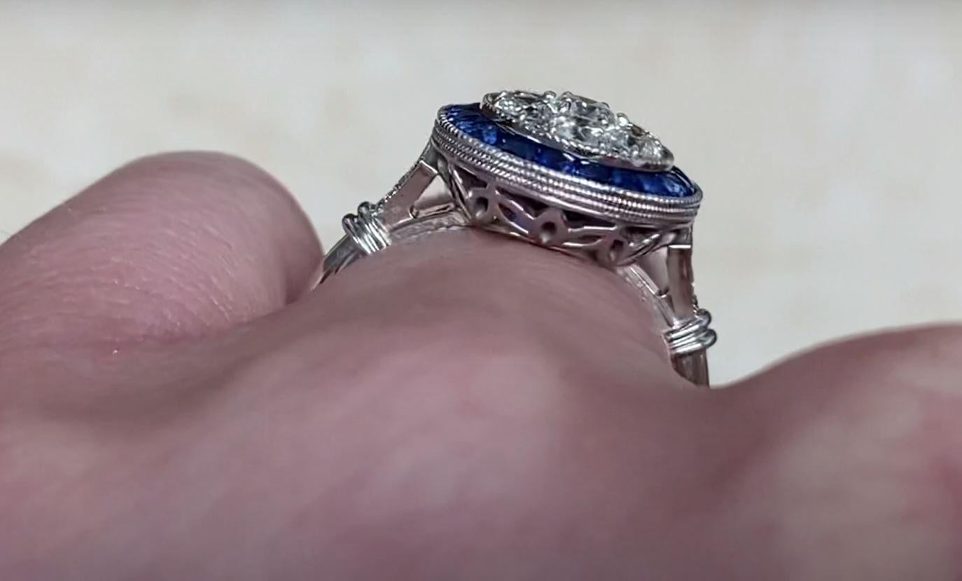 0.70ct Round Brilliant Cut Diamond Engagement Ring, Sapphire Halo, Platinum For Sale 1