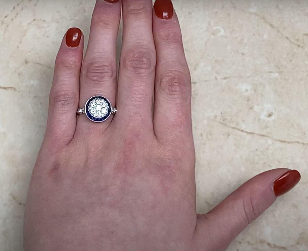 0.70ct Round Brilliant Cut Diamond Engagement Ring, Sapphire Halo, Platinum For Sale 2